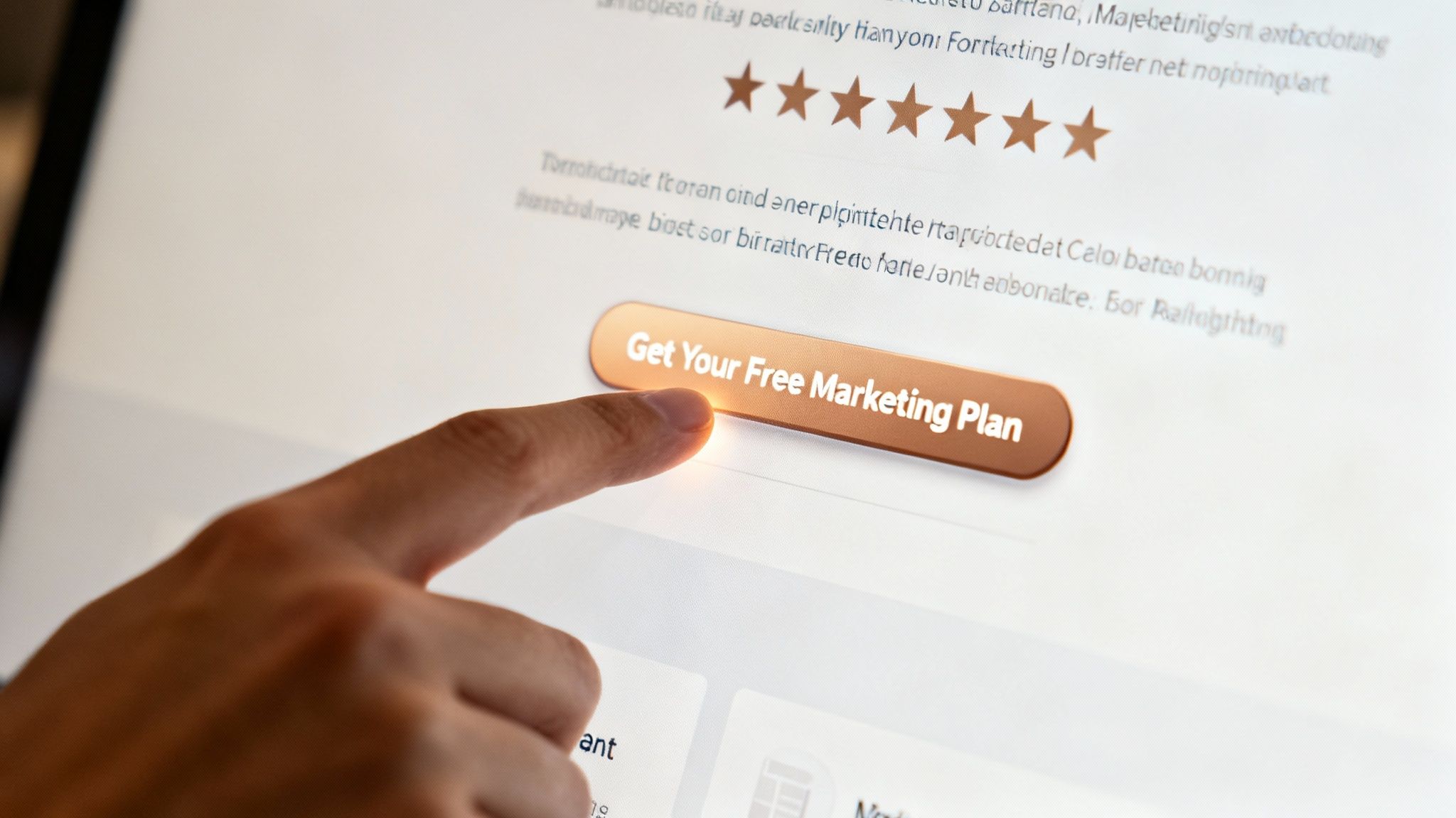 A hand pointing at a glowing "Buy Now" button on a tablet screen, symbolizing persuasive copy that drives action.