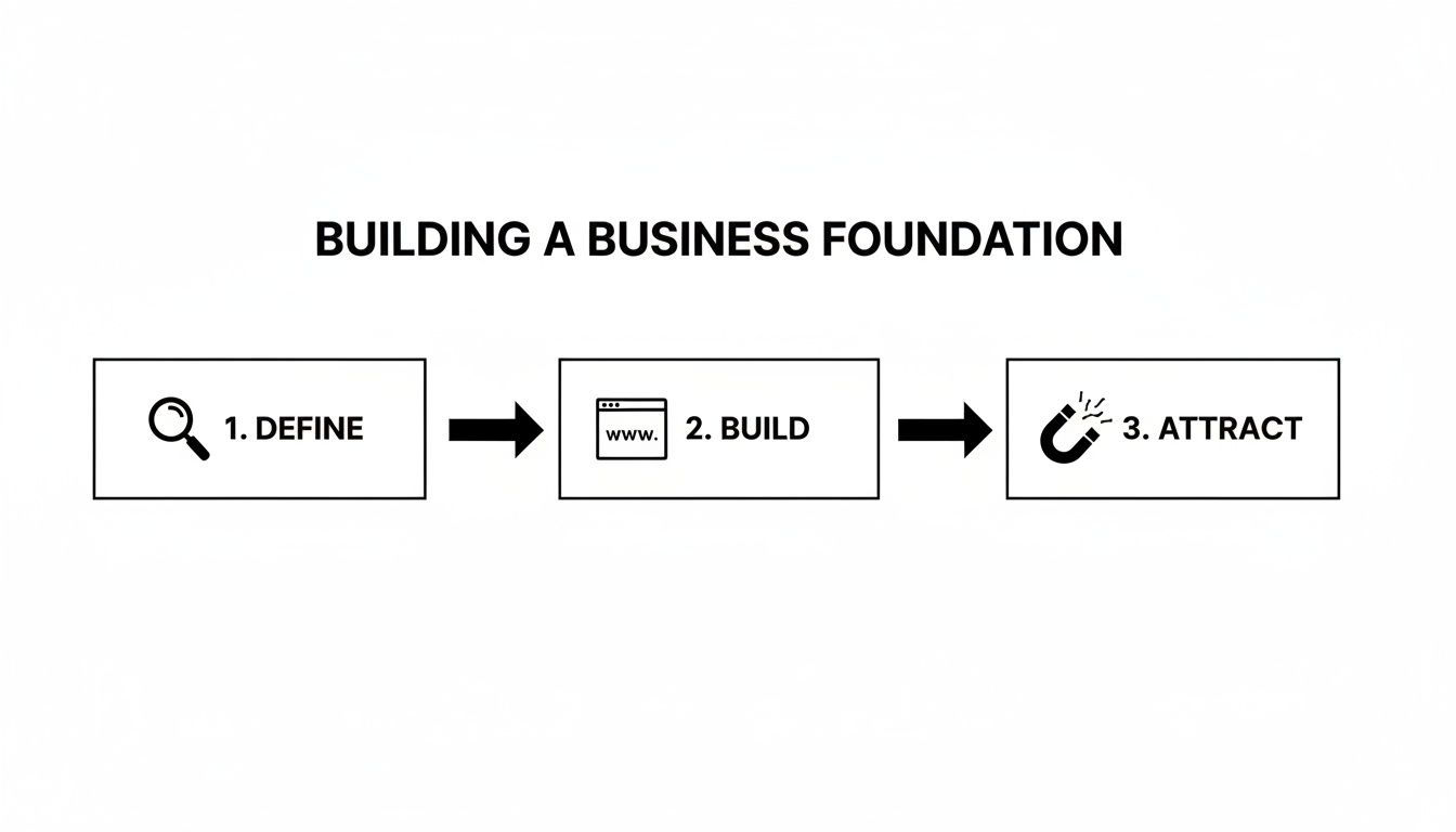 Flowchart showing three essential steps to build a solid business foundation: Define, Build, and Attract.