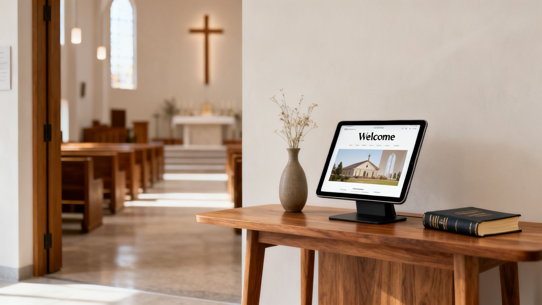 A tablet displaying a church welcome page and a Bible on a wooden table in a modern church.