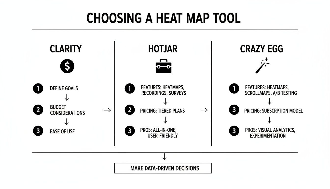 A flowchart explaining how to choose a heat map tool, comparing Clarity, Hotjar, and Crazy Egg.