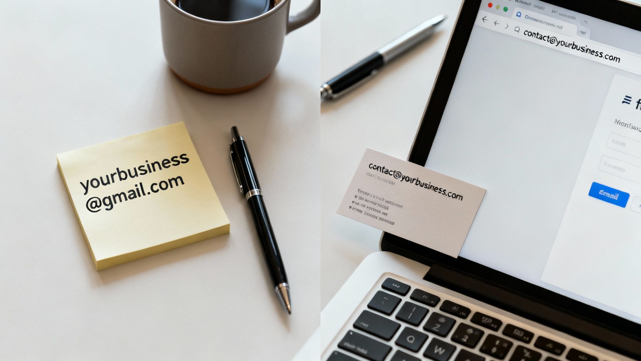 A flat lay of a desk with a laptop, coffee, pen, business card, and sticky note, all displaying 'yourbusiness' email addresses.