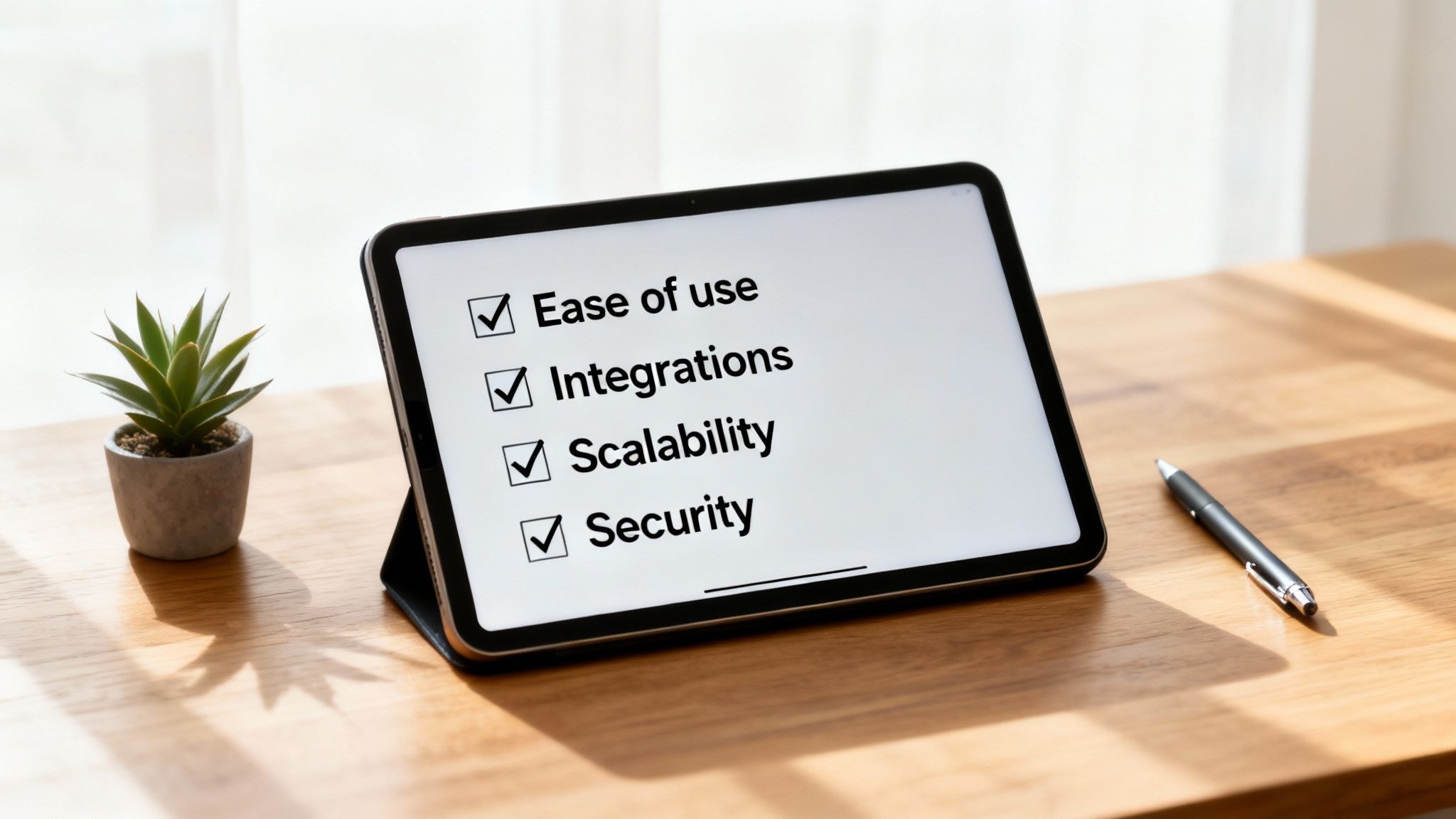 A tablet on a wooden desk displays a checklist with Ease of Use, Integrations, Scalability, and Security.