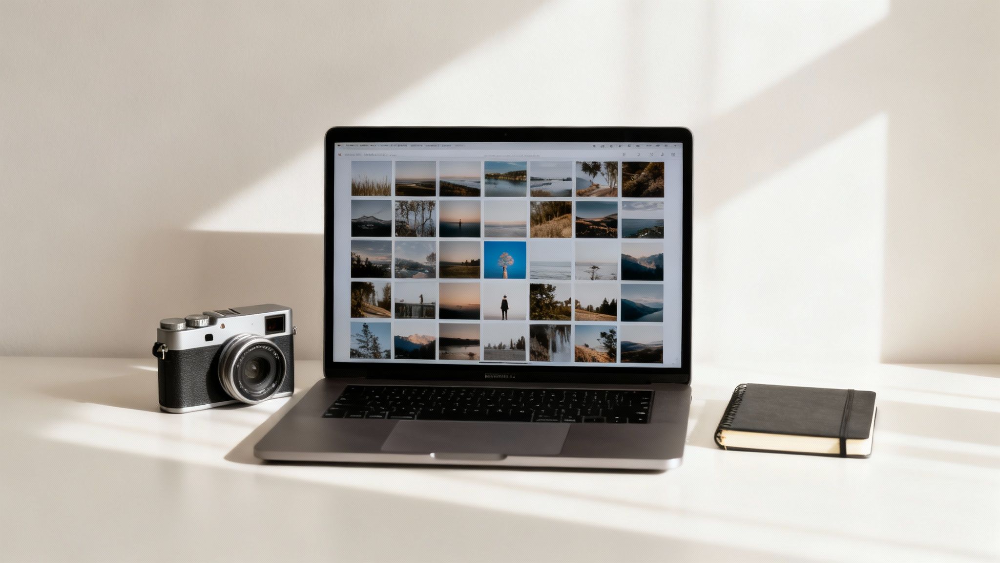 A modern laptop showing a gallery of landscape photos next to a vintage camera and notebook on a white desk with shadows.