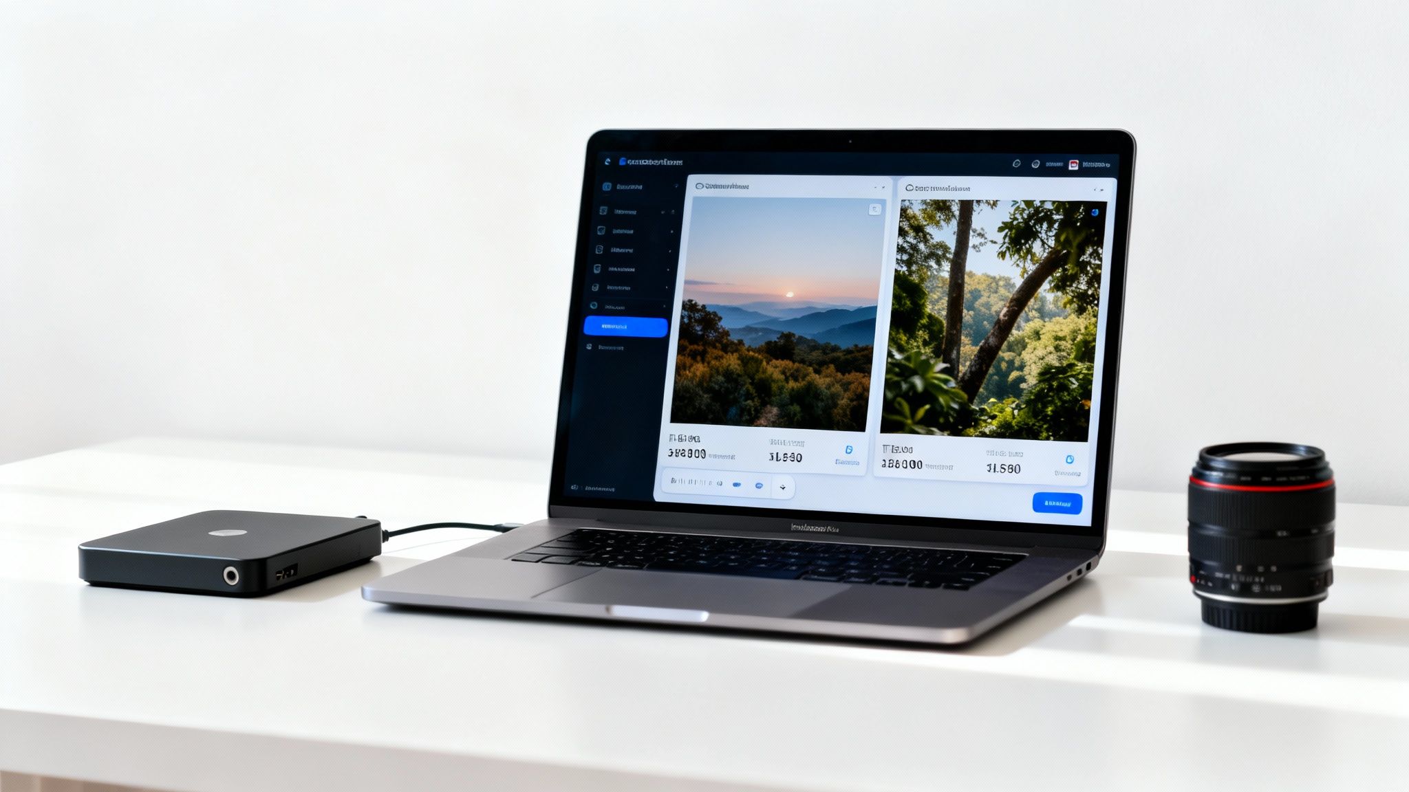 A laptop displaying a photography website, connected to an external drive, with a camera lens nearby.