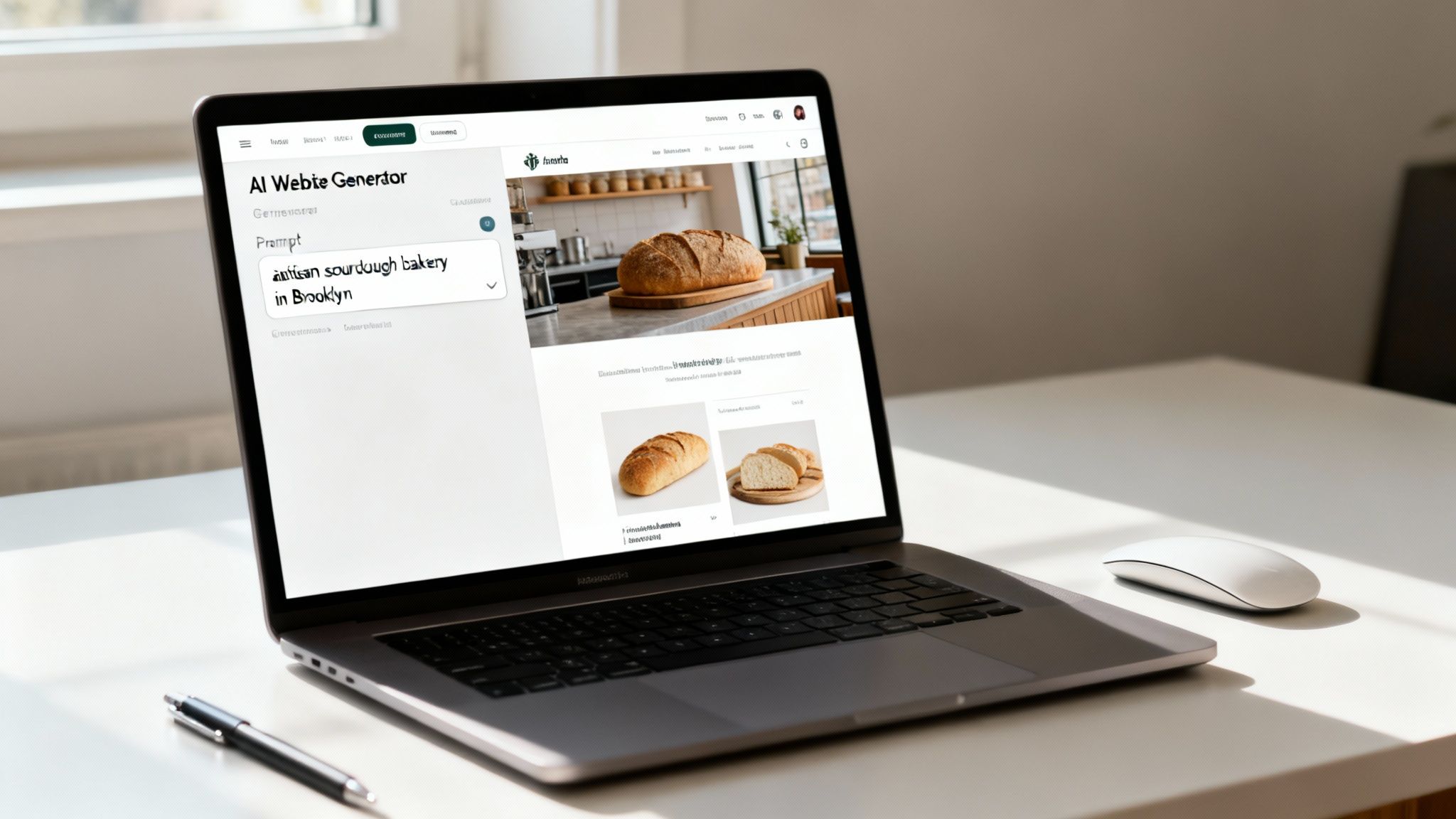 A laptop displaying an 'AI Webite Generator' with a prompt for an artisan sourdough bakery in Brooklyn.