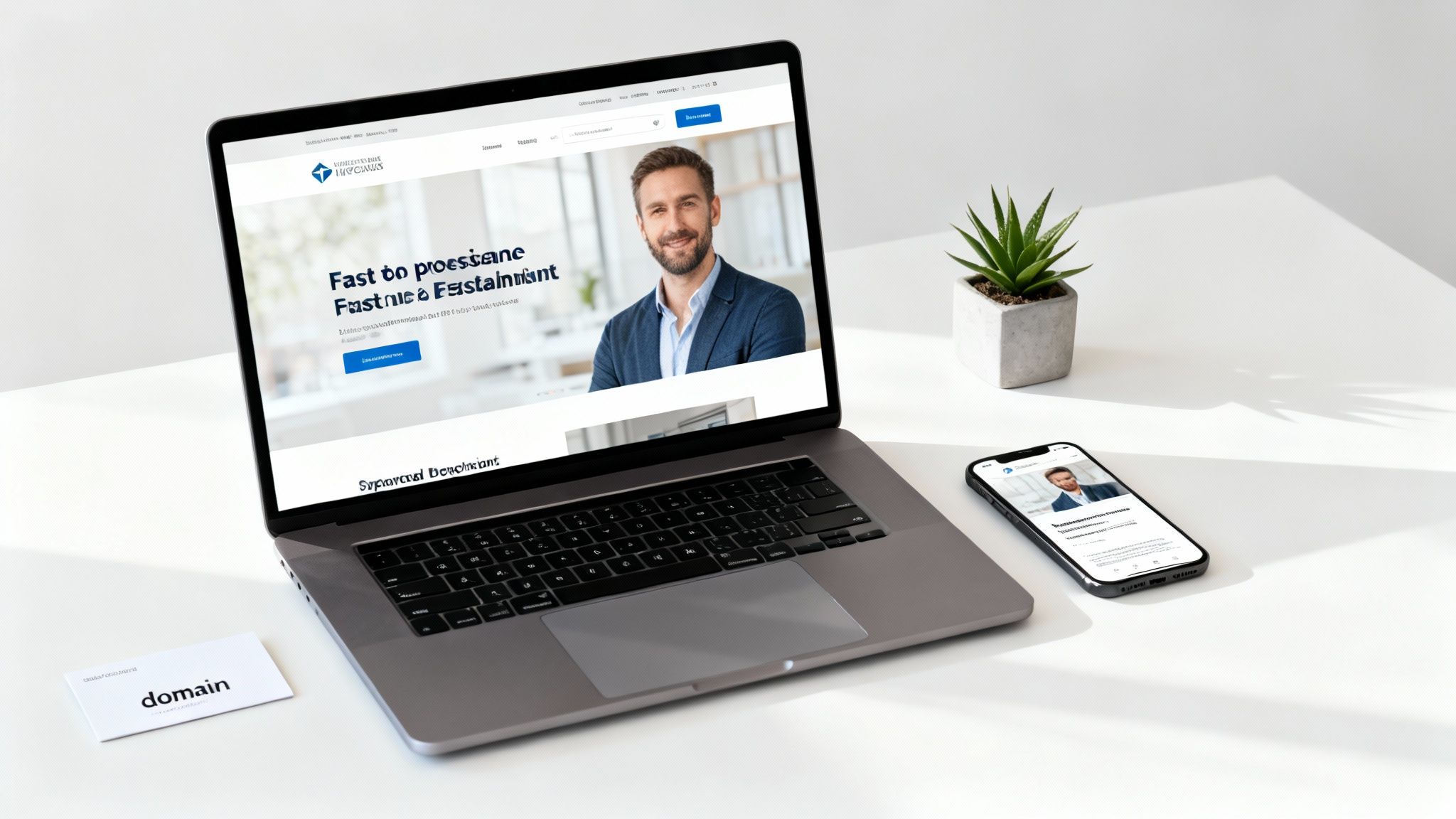 Laptop and smartphone displaying a business website on a clean white desk with a plant.