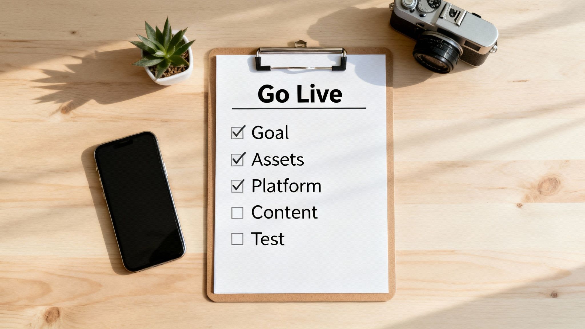A 'Go Live' checklist on a clipboard, with Goal, Assets, and Platform checked on a wooden desk.