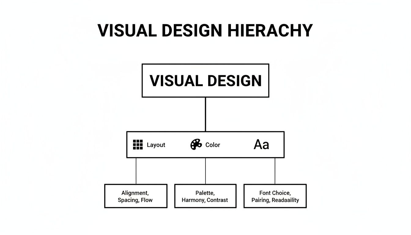 A visual design hierarchy chart illustrating layout, color, and typography elements with their sub-components.