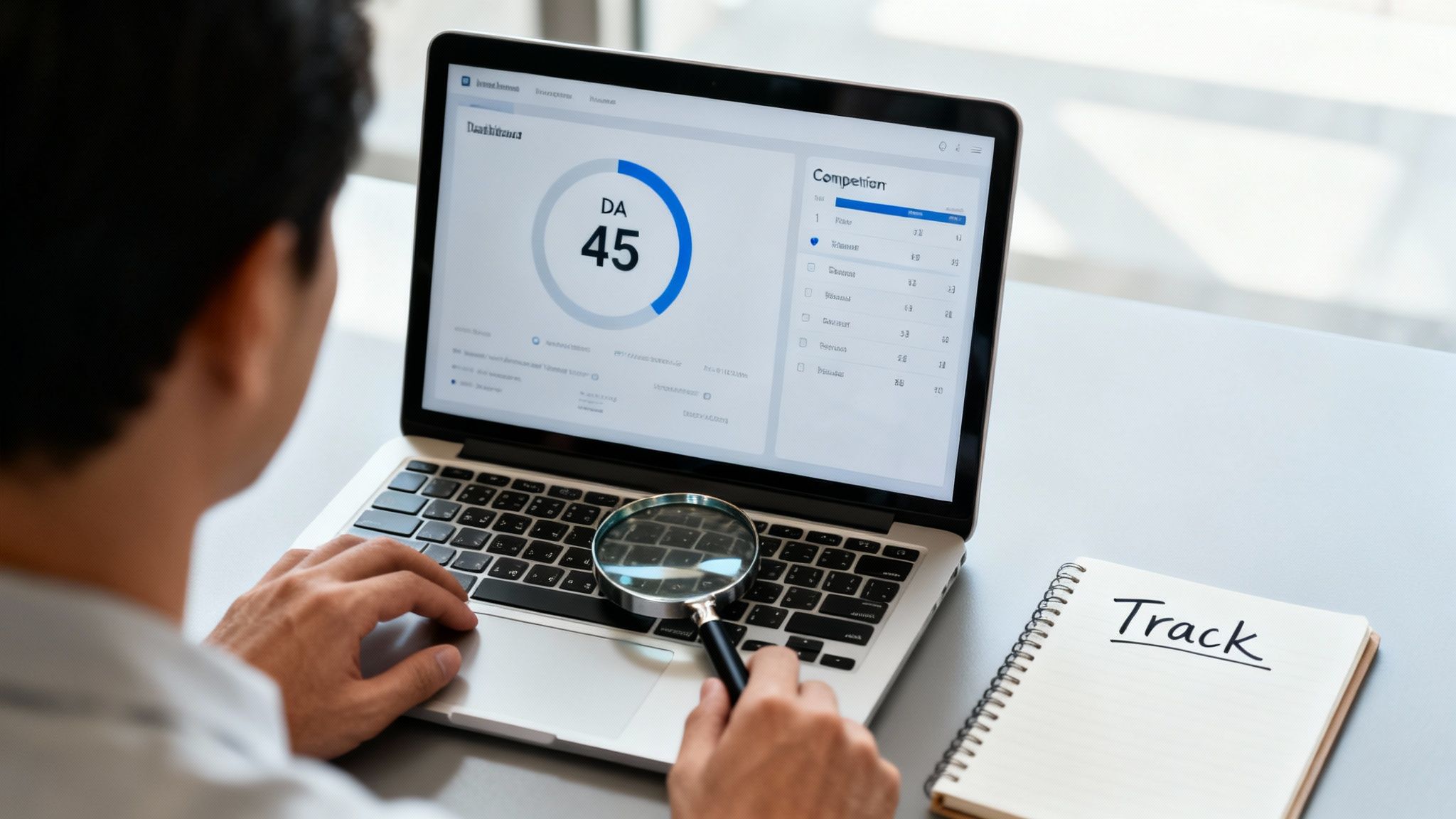 A person views a laptop screen displaying a 'DA 45' score and competition analysis, with a magnifying glass and a 'Track' notebook nearby.