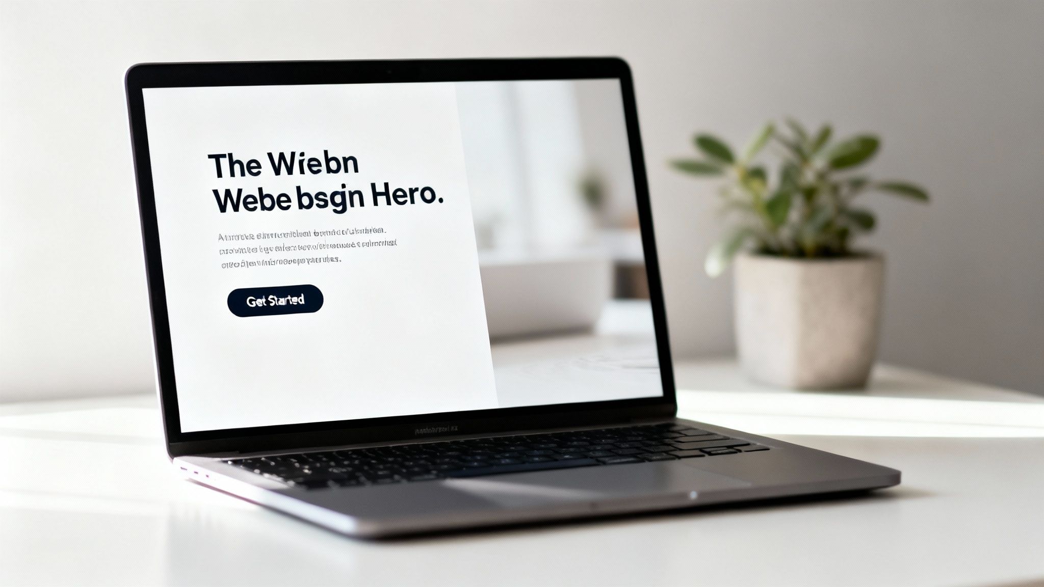 A laptop on a white desk displaying a webpage with placeholder text and a 'Get Started' button.