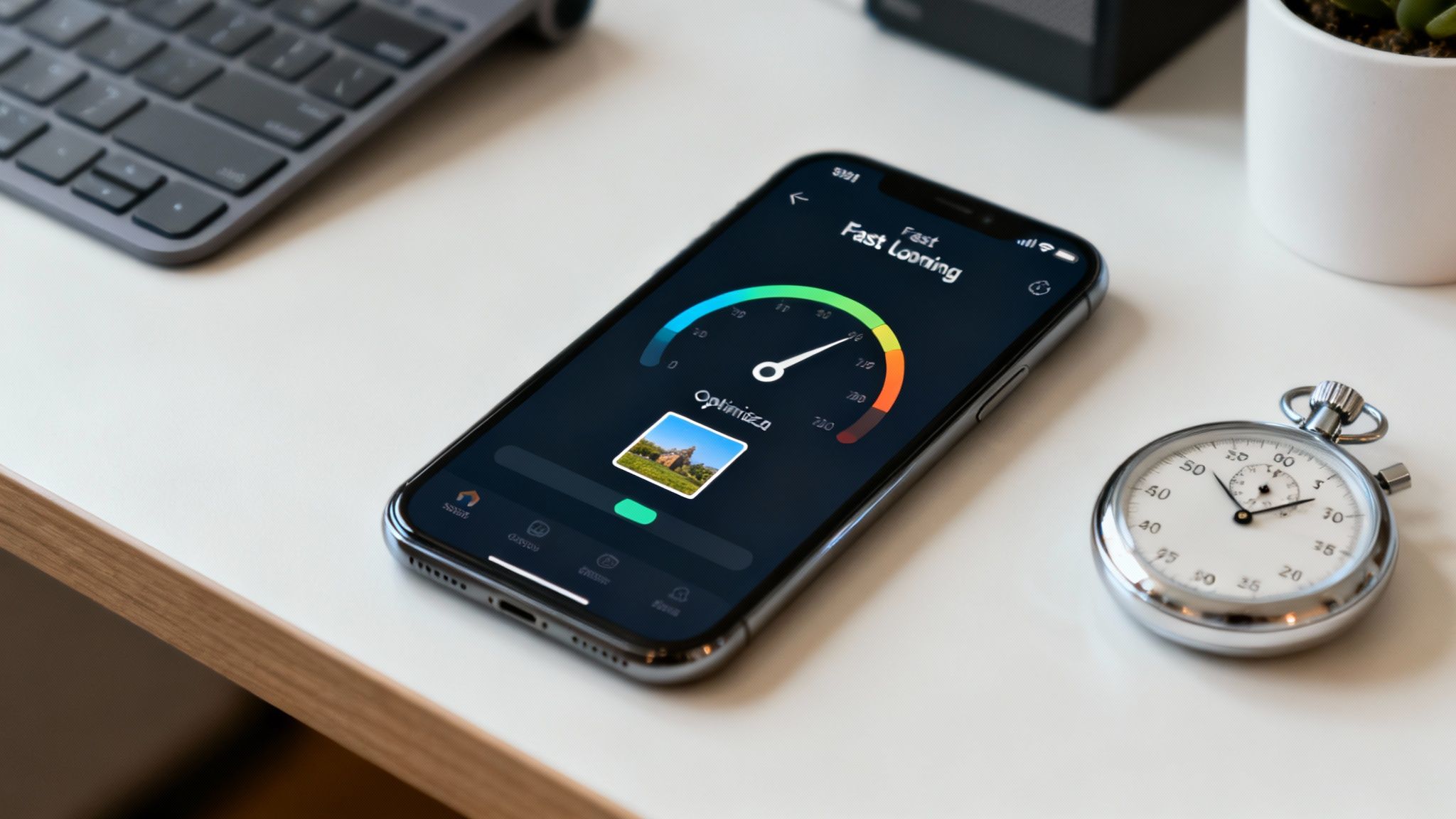 A smartphone displaying a website with a speed gauge overlay, symbolizing fast loading times for mobile users.