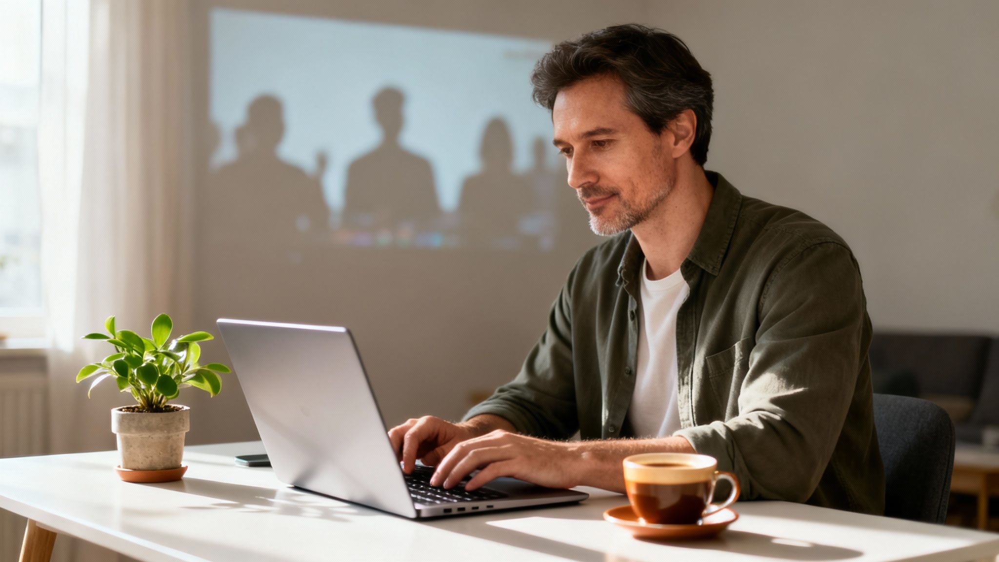 A man works on his laptop with a video conference projected on the wall, a plant, and coffee.