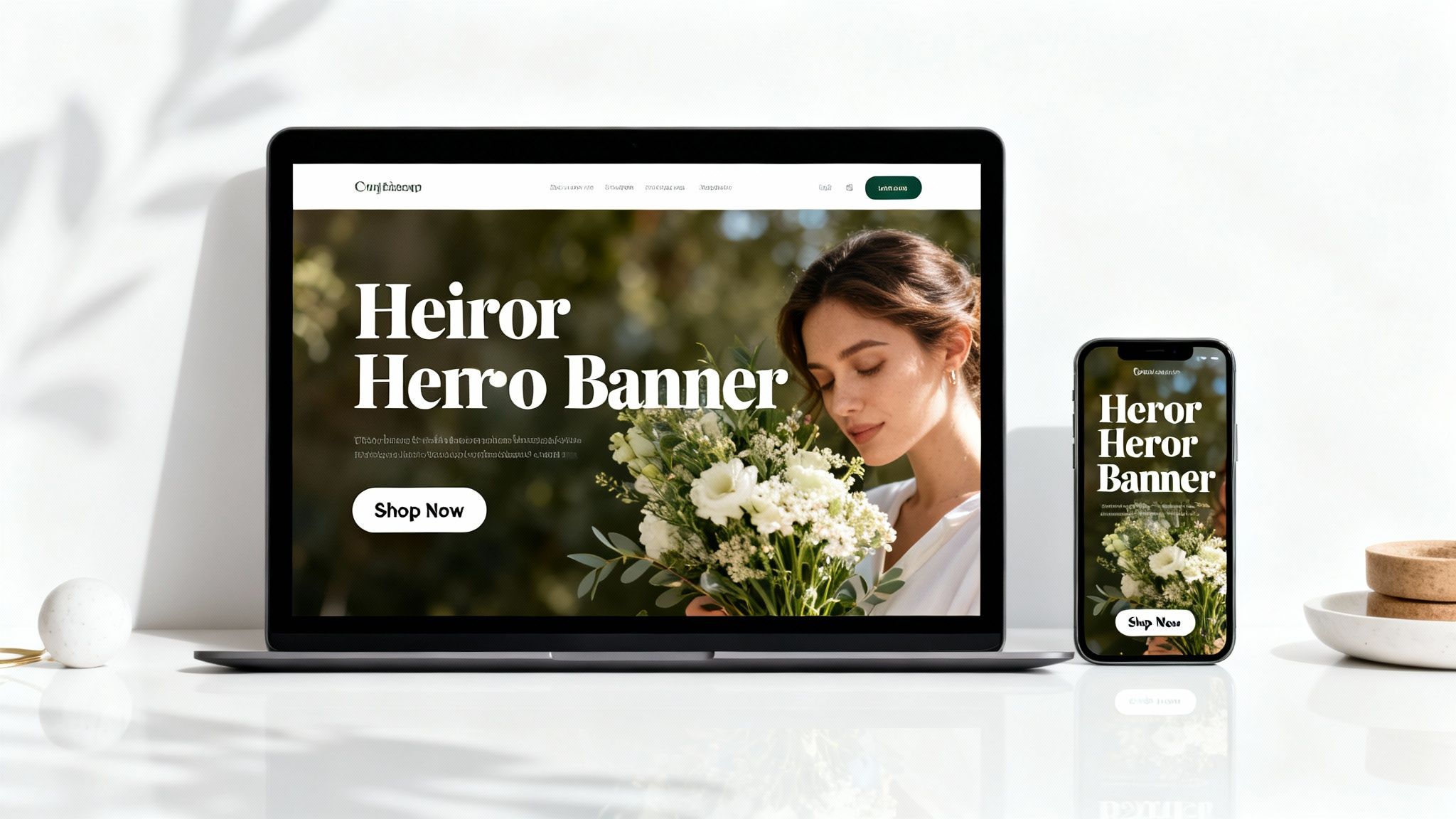 A laptop and smartphone display a website banner featuring a woman holding a white floral bouquet with a 'Shop Now' button.