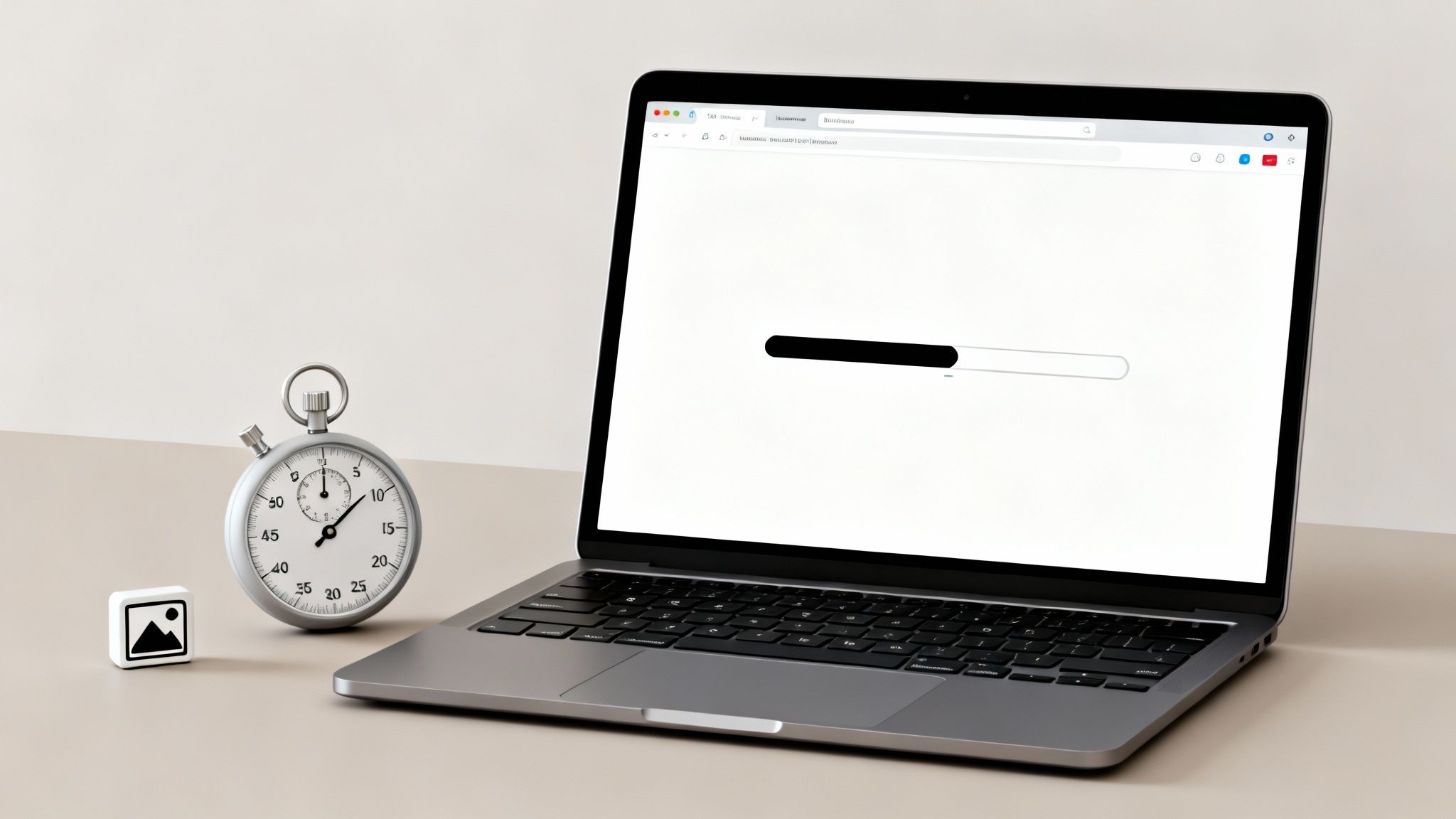 A laptop screen displaying a loading bar, a stopwatch, and an image icon, symbolizing website loading speed.