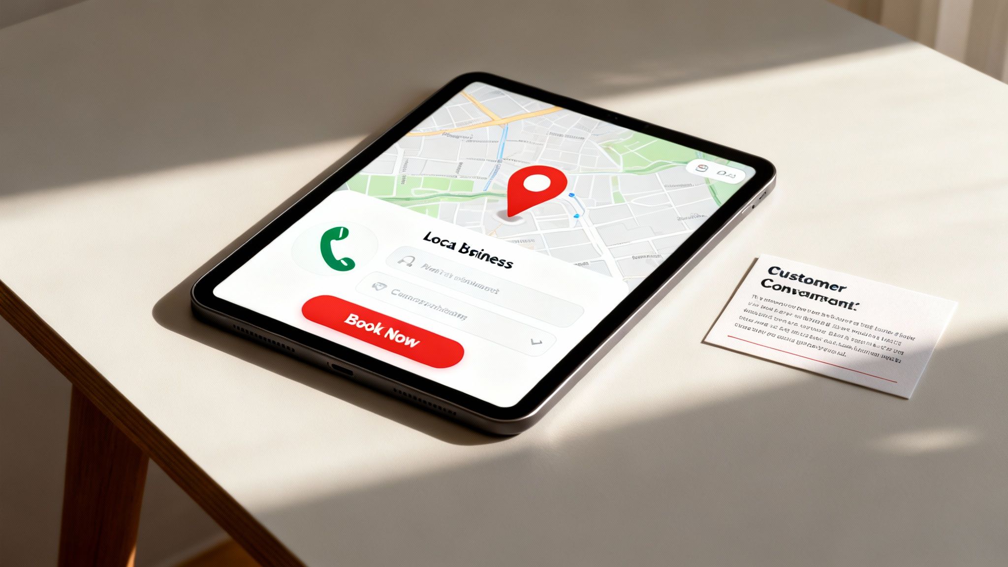 A tablet shows a local business map app with a 'Book Now' button next to a 'Customer Consultant' business card.