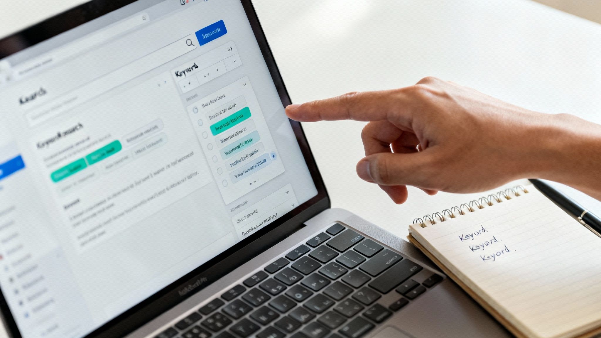 Close-up of a hand pointing at a laptop screen doing keyword research, next to a notebook with 'Keyword'.