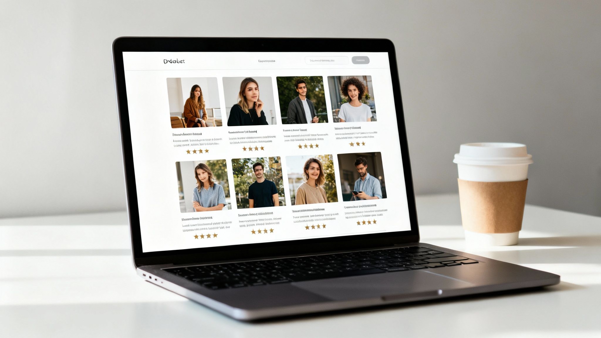 A laptop on a desk showing a social networking website with user profiles and star ratings.