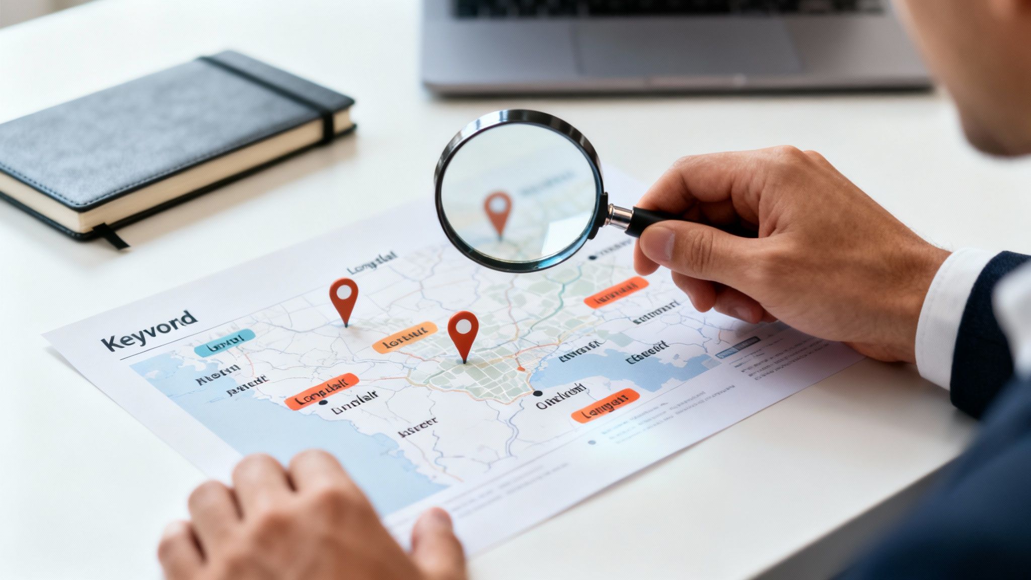 A person holds a magnifying glass over a document displaying a map with location pins and keywords.