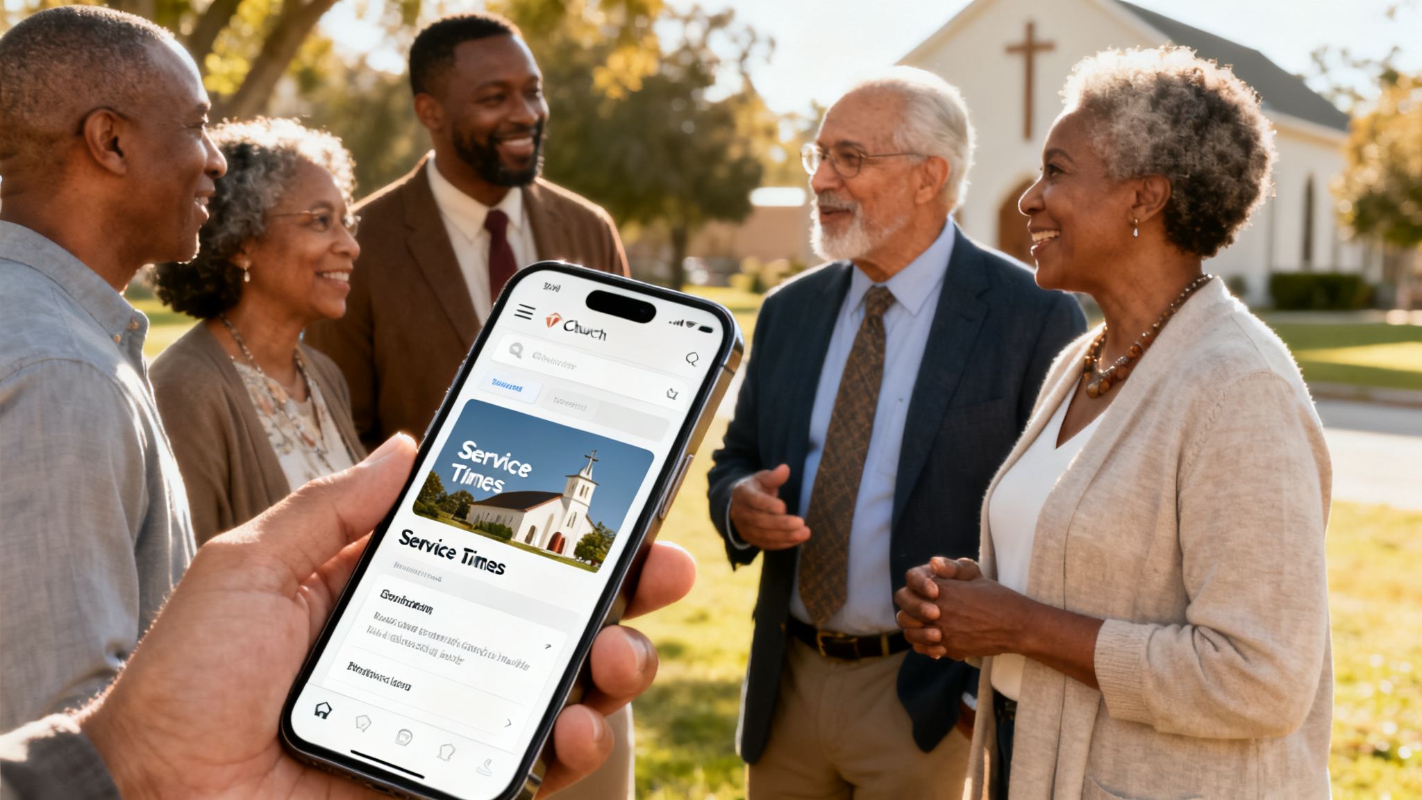 Diverse adults smiling near a church, while a hand holds a smartphone displaying a 'Church' app.