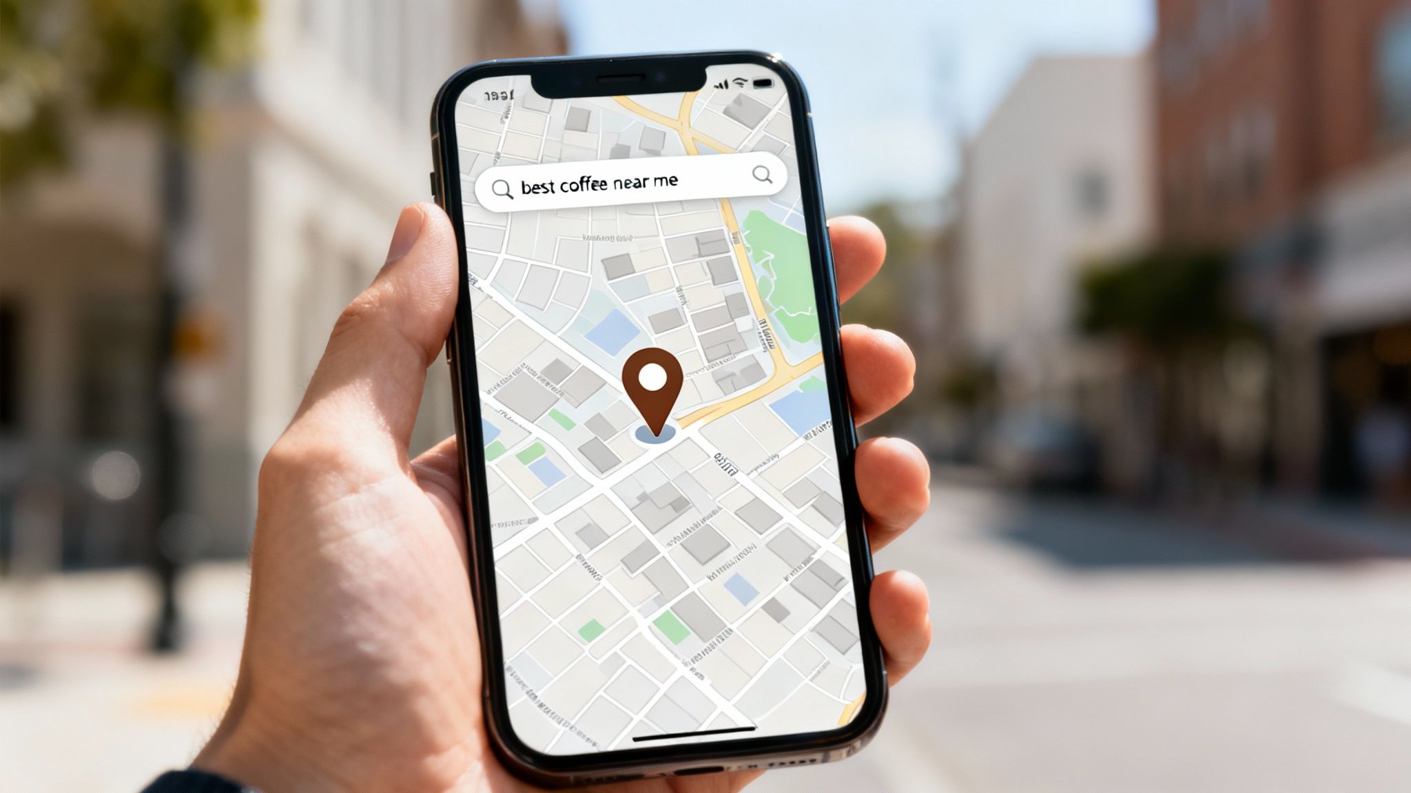 A hand holds a smartphone displaying a map app searching for 'best coffee near me' with a location pin.