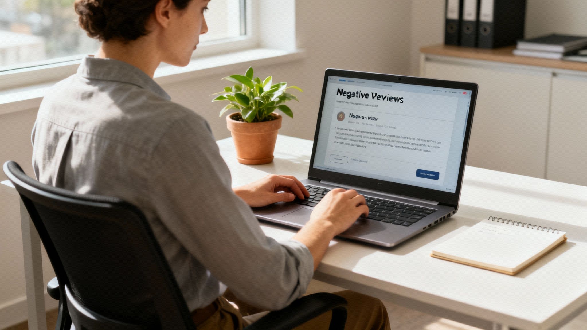 A business owner calmly typing a professional response to a negative review on a laptop.