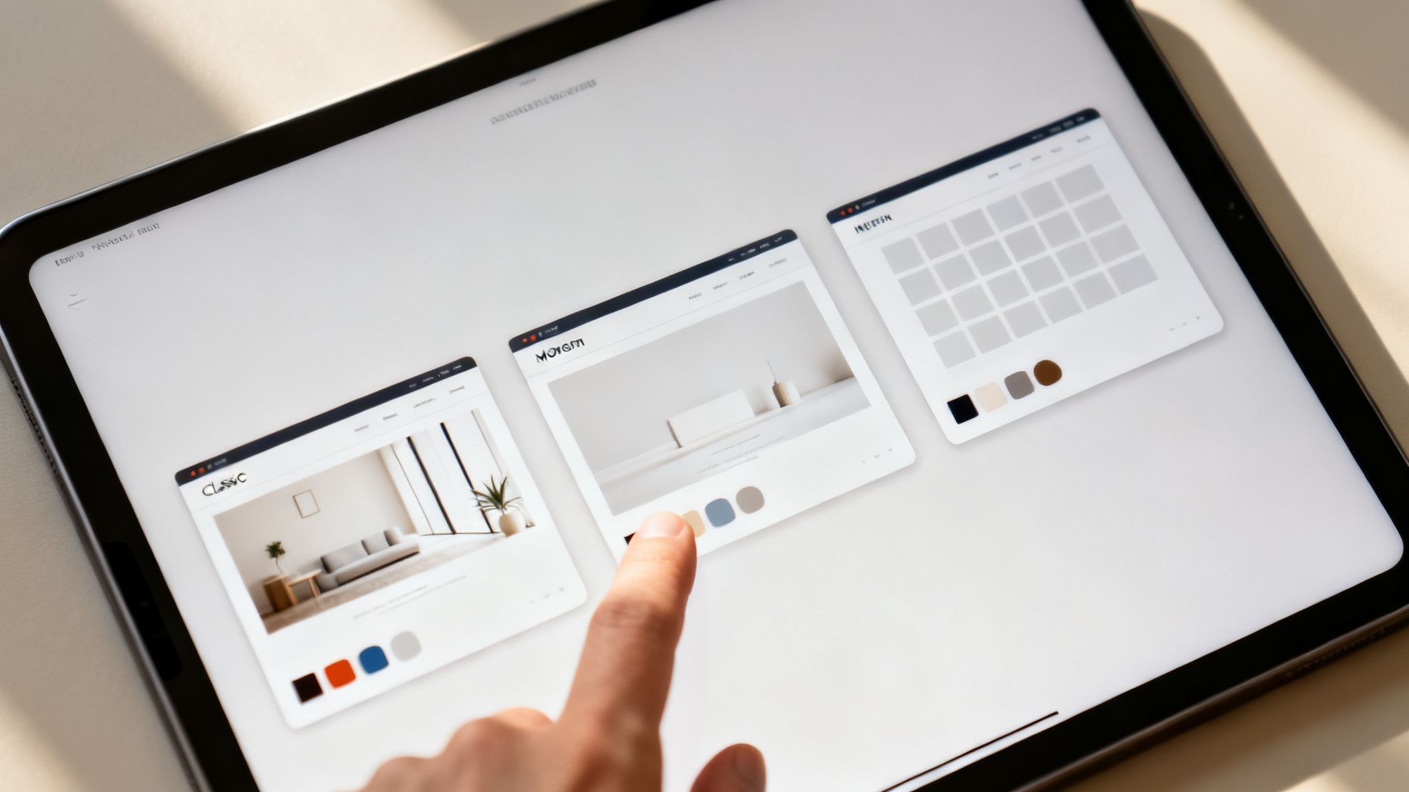 A hand taps a tablet screen, selecting a color for interior design website templates.