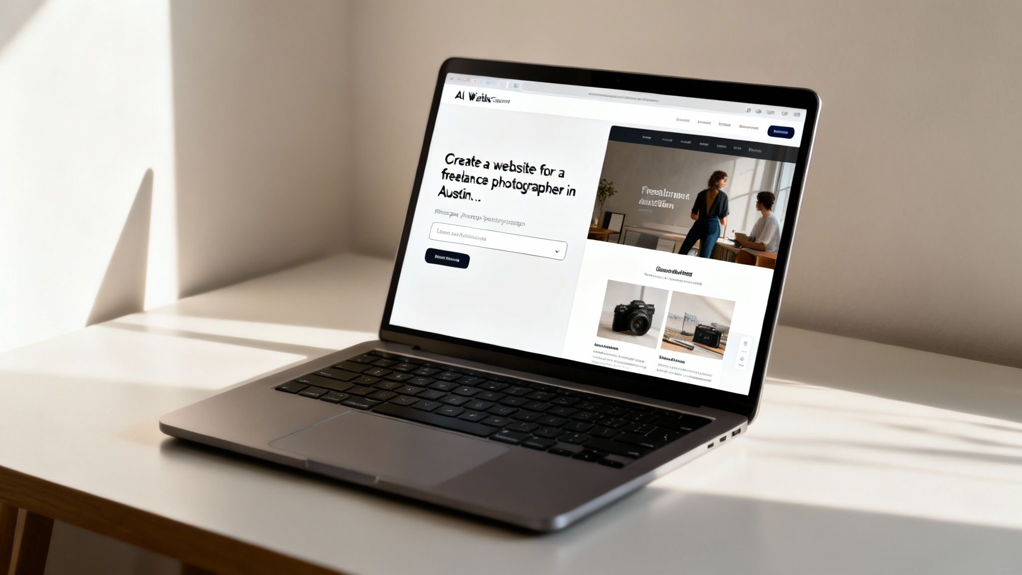 A laptop screen showing a newly generated website for a photography business, with a booking calendar visible.