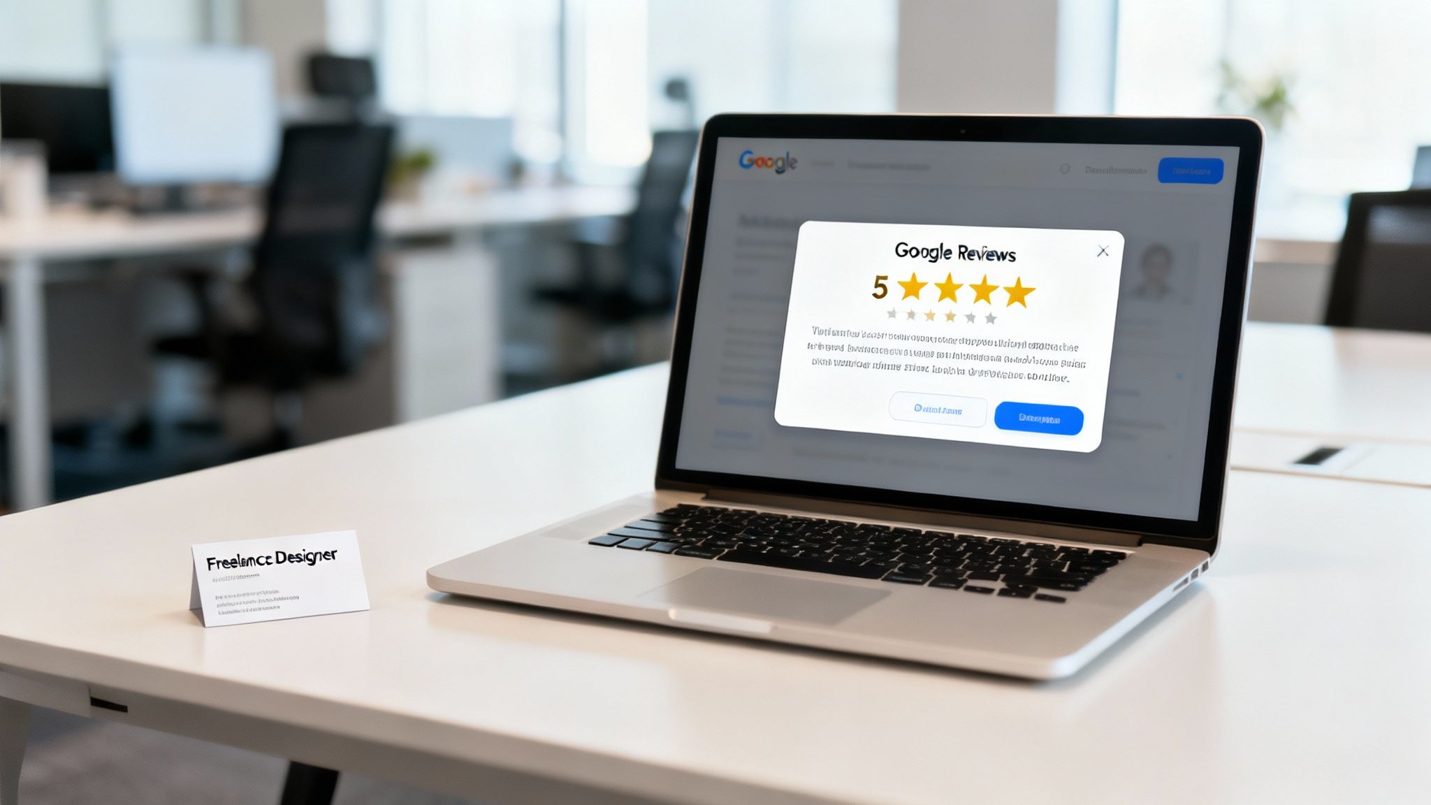 Laptop displaying a 5-star Google Reviews pop-up on a white desk in a modern office.