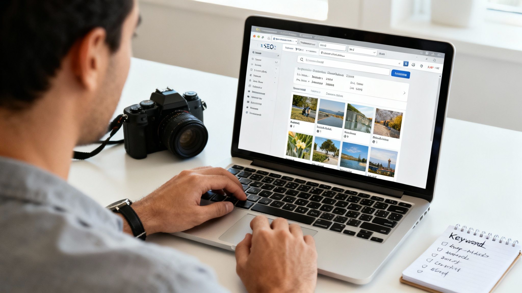 Man working on a laptop with an SEO website, camera, and keyword notes on the desk.