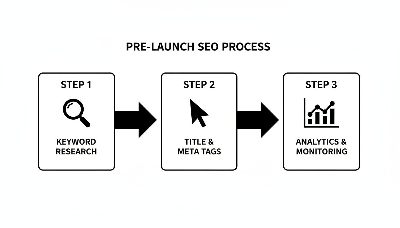 A three-step diagram outlining the pre-launch SEO process including keyword research, title and meta tags, and analytics.