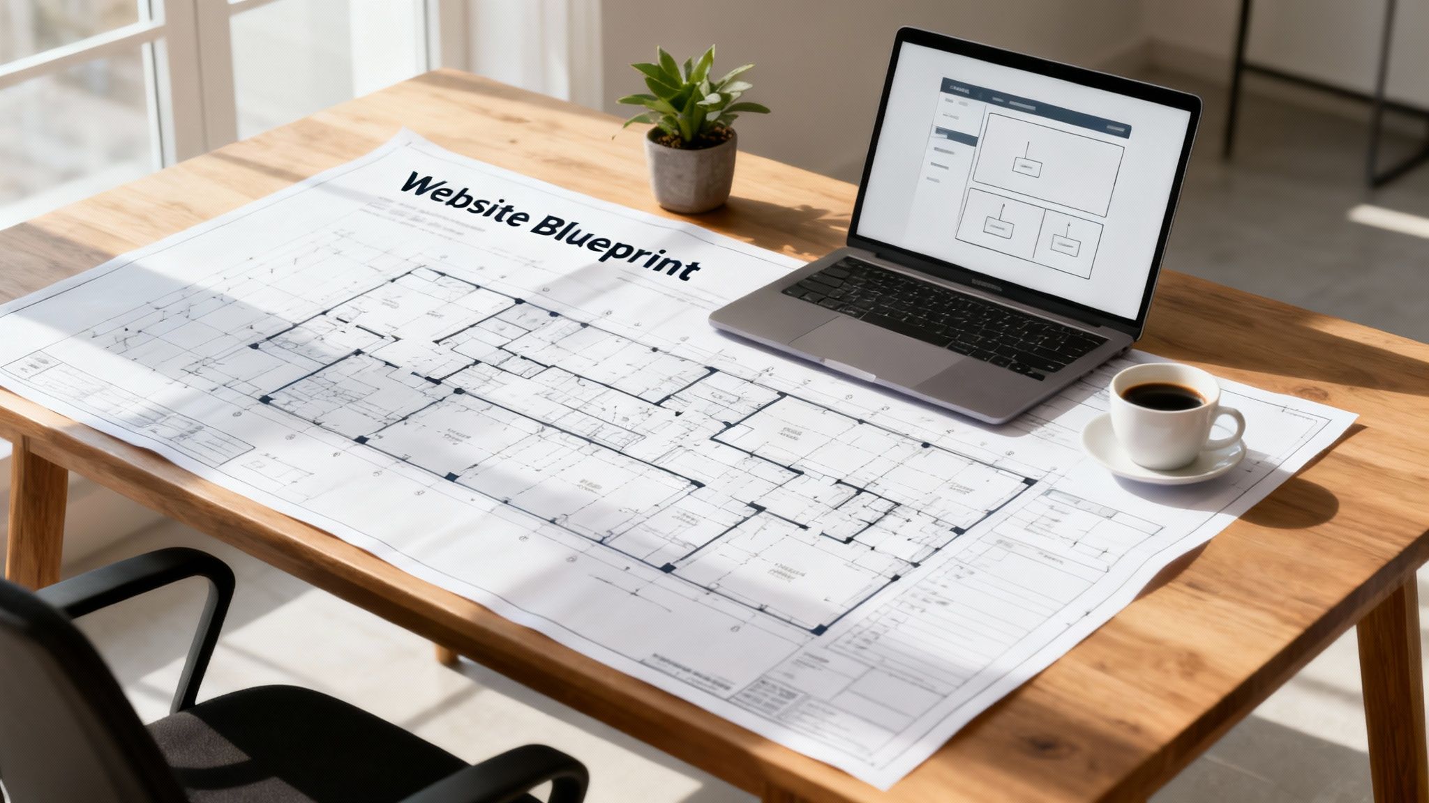 A large blueprint titled 'Website Blueprint' on a desk with a laptop displaying a web design wireframe.