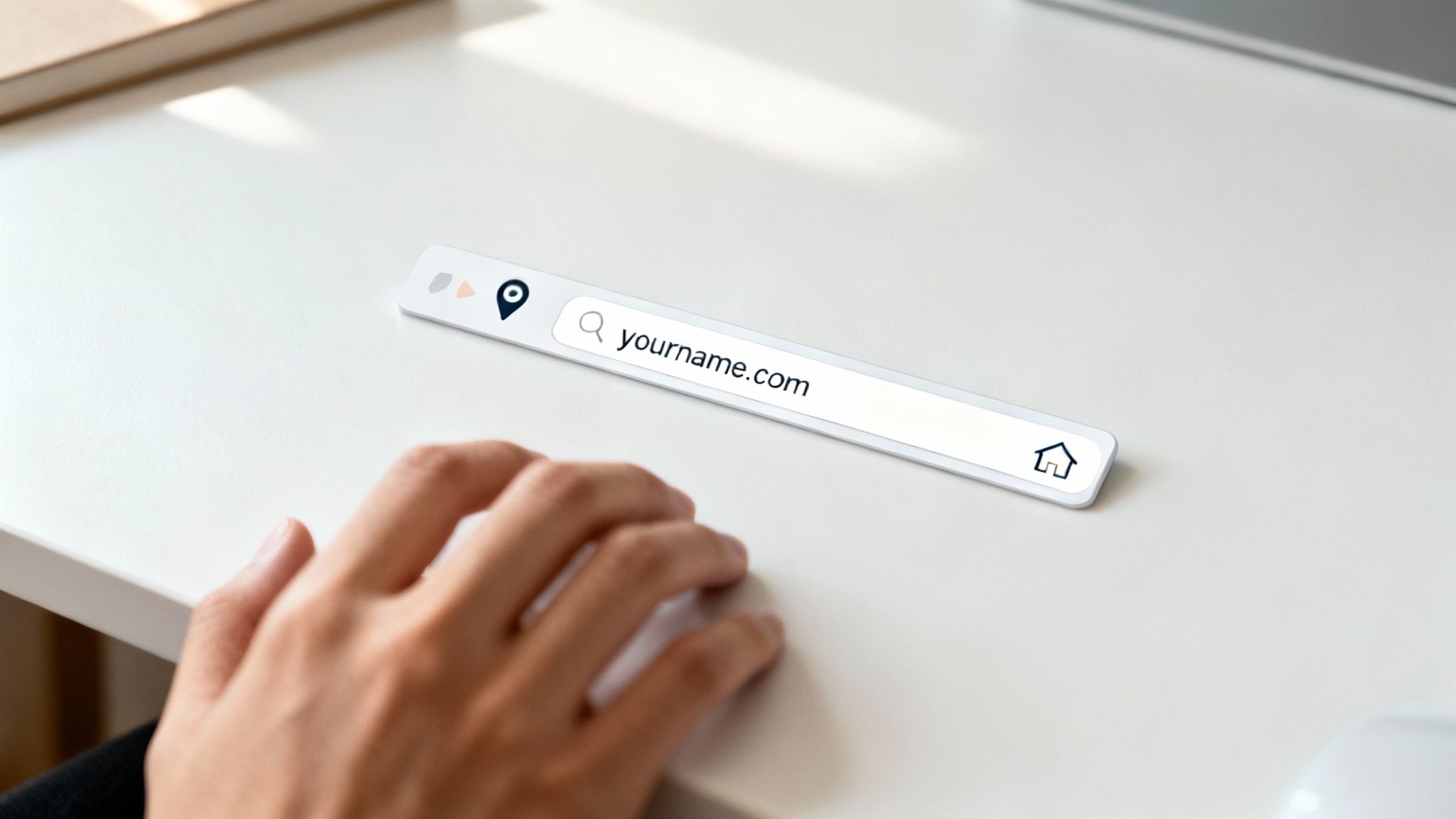 A person's hand on a white desk next to a search bar displaying 'yourname.com' for domain registration.