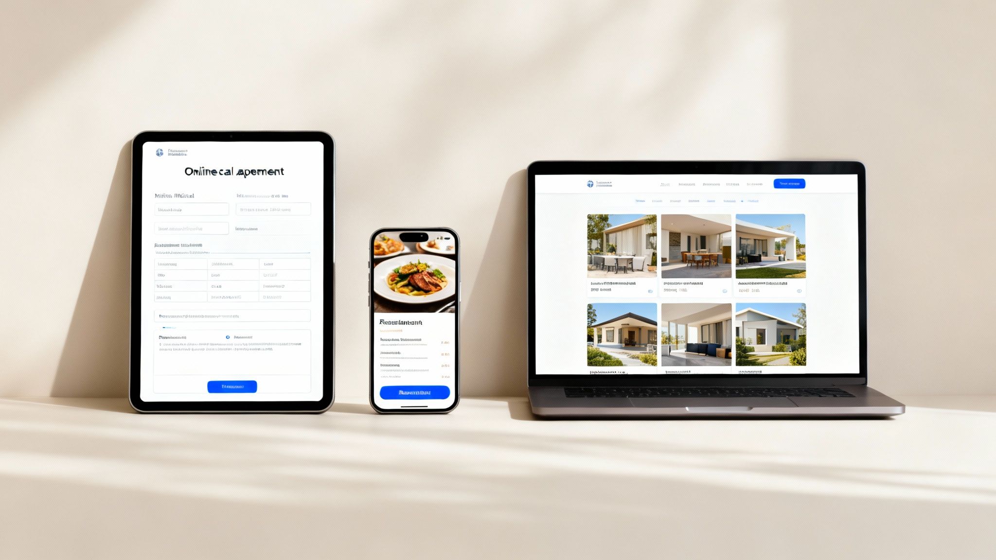 A modern setup featuring a tablet with a form, a smartphone displaying food, and a laptop showing real estate listings.