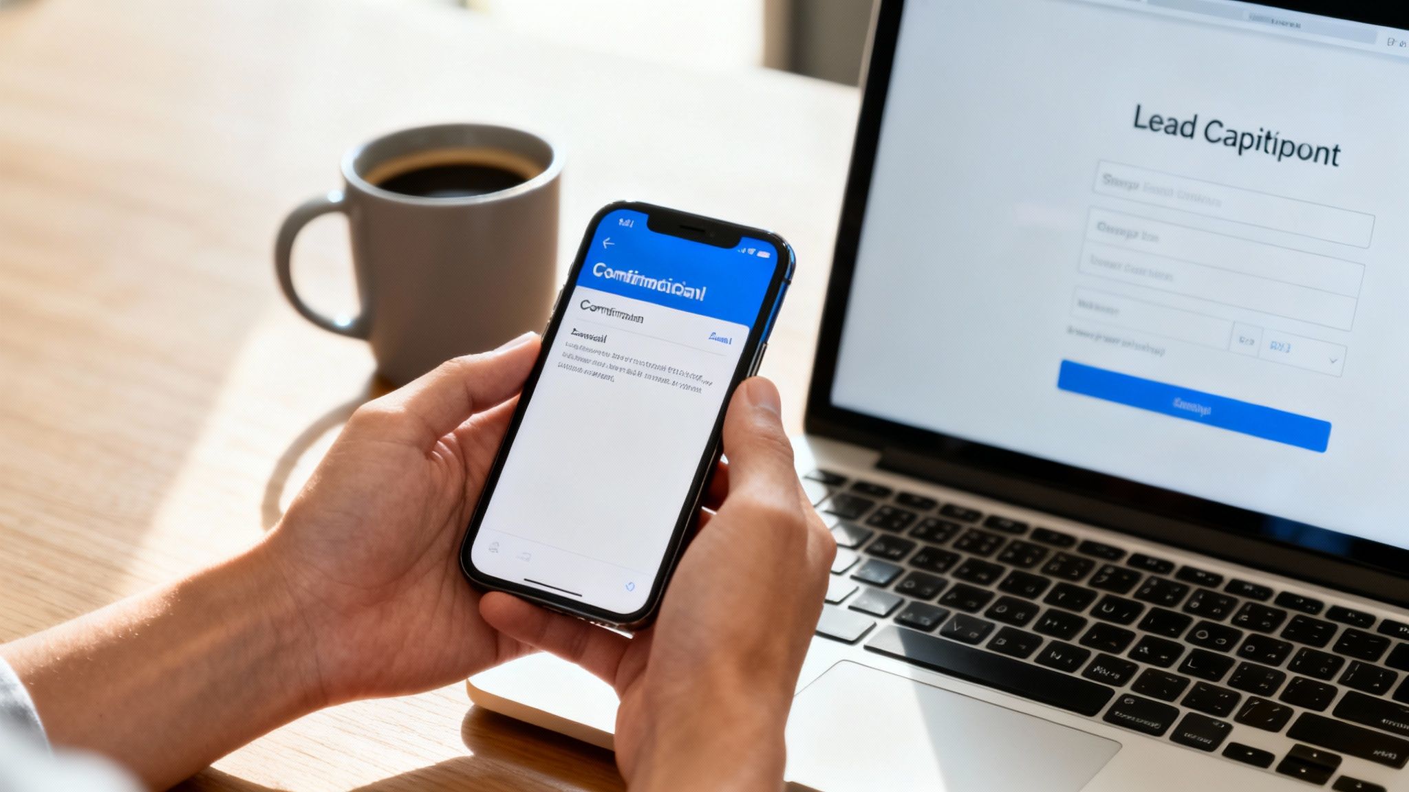 Hands holding a smartphone with a 'Confirmation' app open, next to a laptop displaying a 'Lead Capitipont' form.