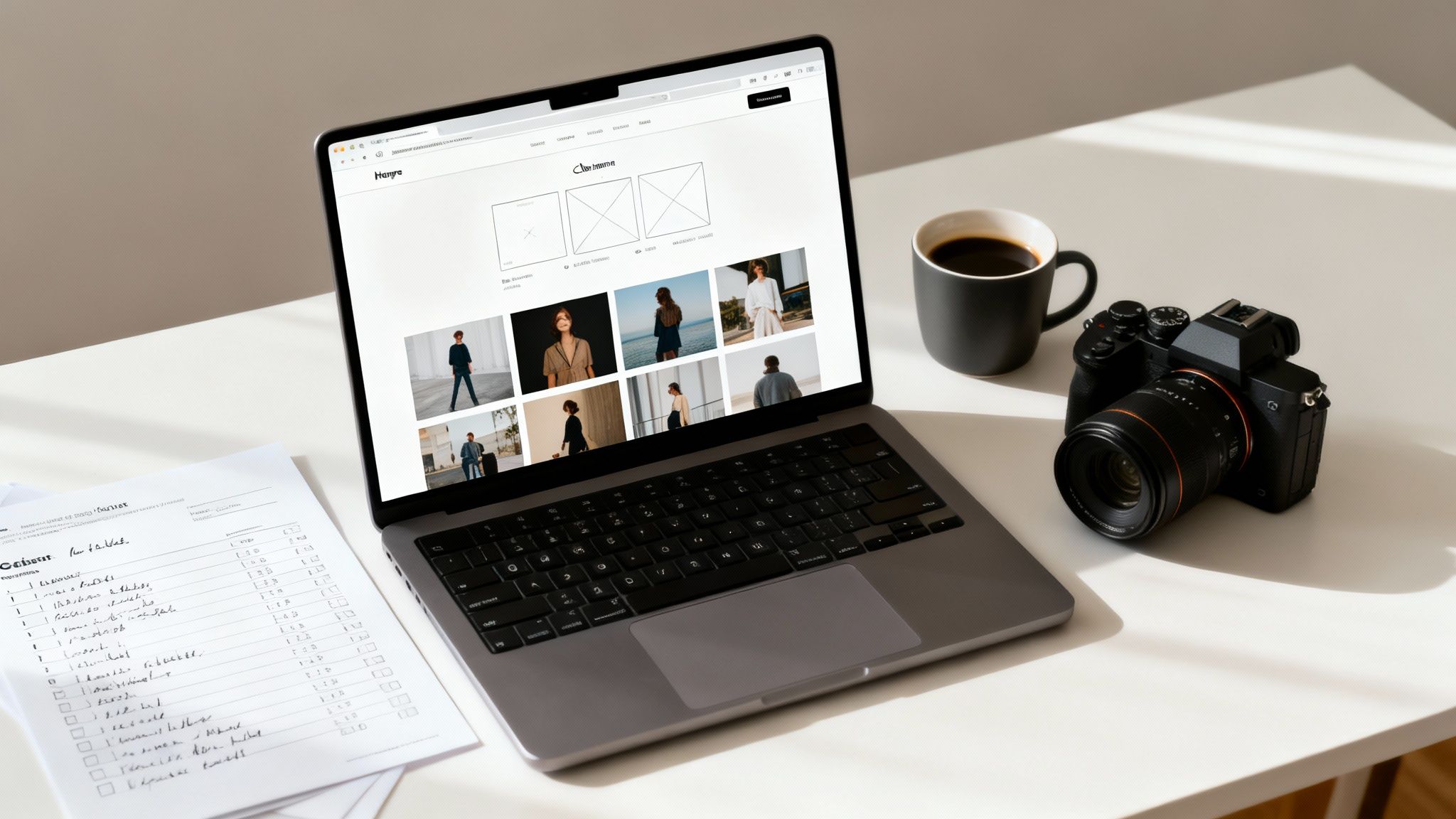 A professional photographer's workspace with a laptop displaying a website, camera, and coffee.