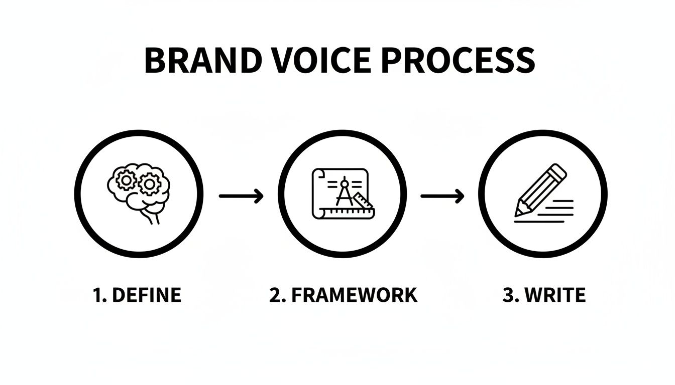 Infographic illustrating the Brand Voice Process steps: Define, Framework, Write, with corresponding icons.