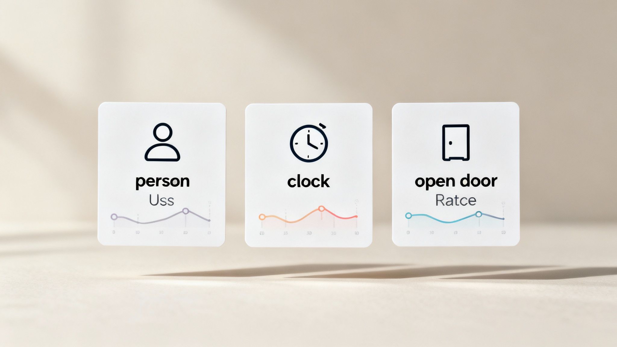 Three analytics dashboard cards displaying person users, clock time tracking, and open door rate metrics with trend graphs
