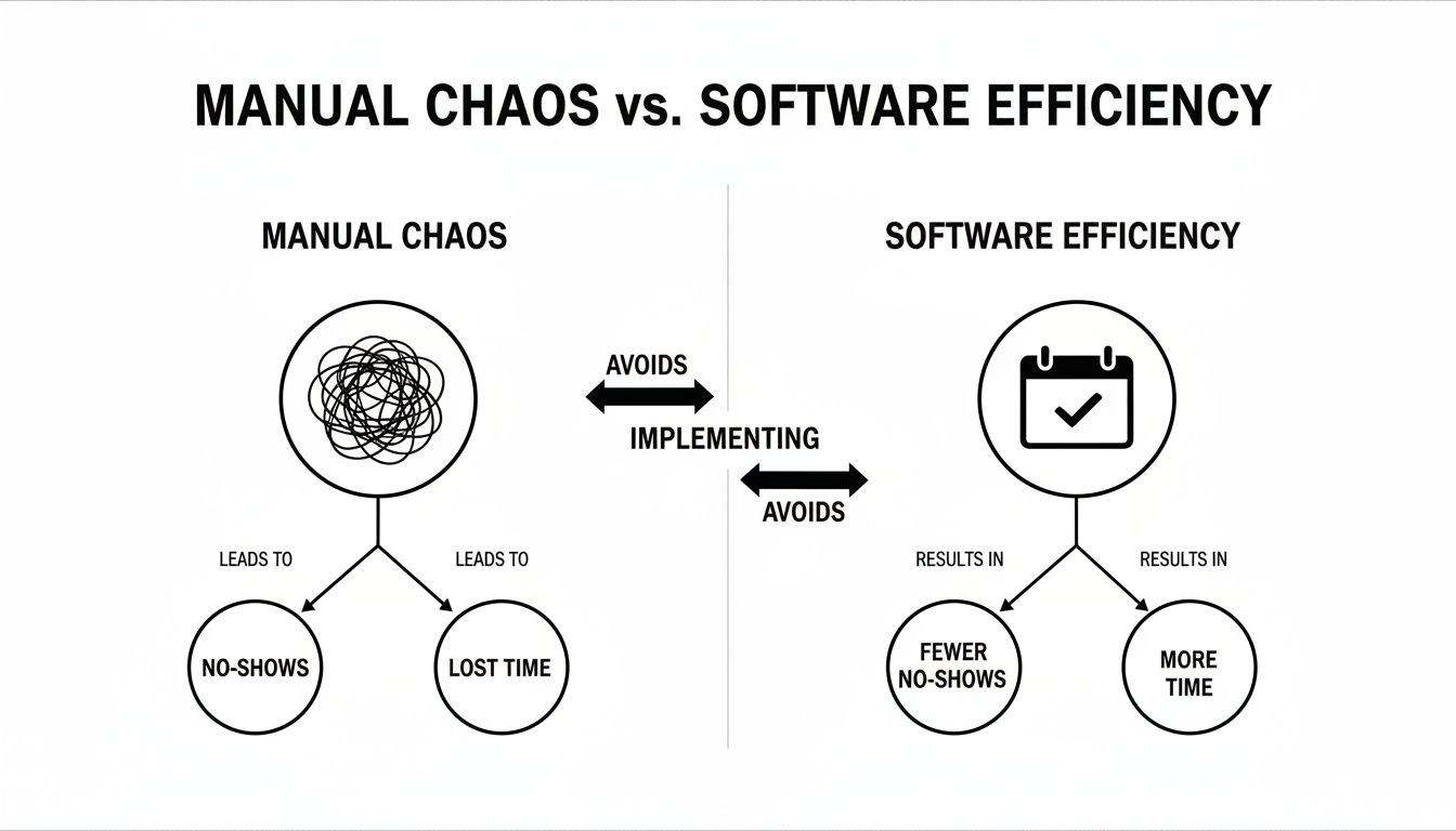 A diagram showing manual chaos leads to lost time, while software efficiency saves time and reduces no-shows.