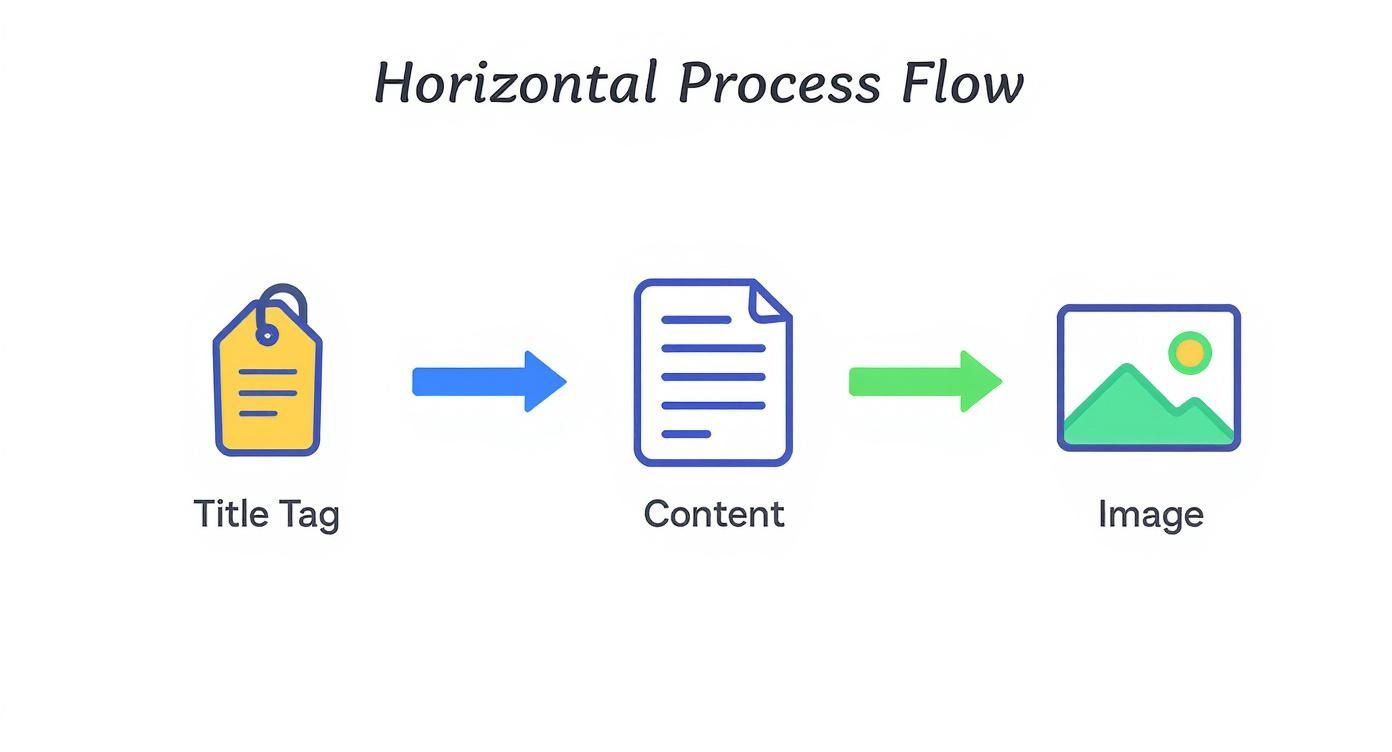 Infographic showing the on-page SEO process flow from Title Tag to Content to Image optimization.