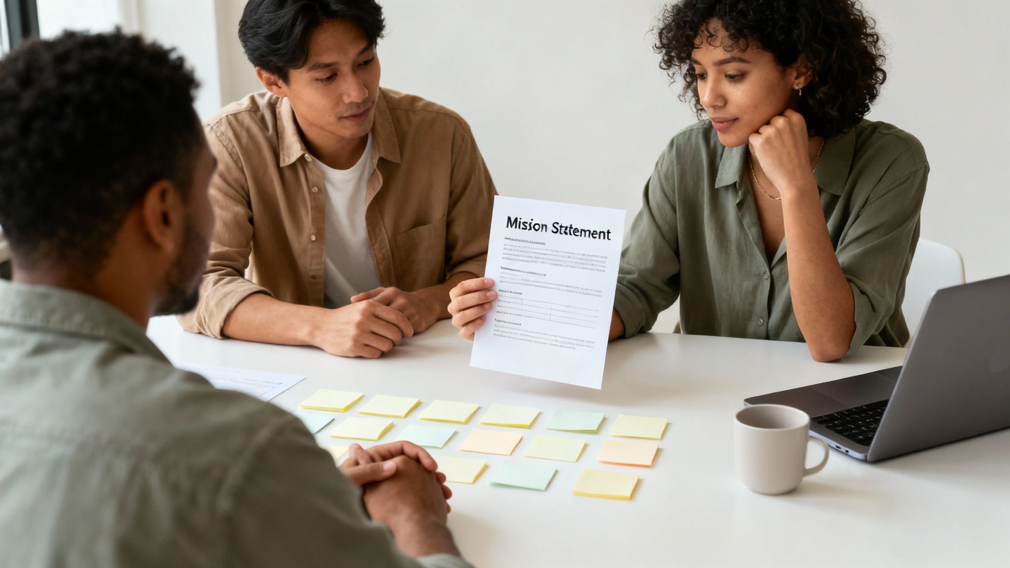 Three diverse people collaborate around a table, one woman holding a 'Mission Statement' document.