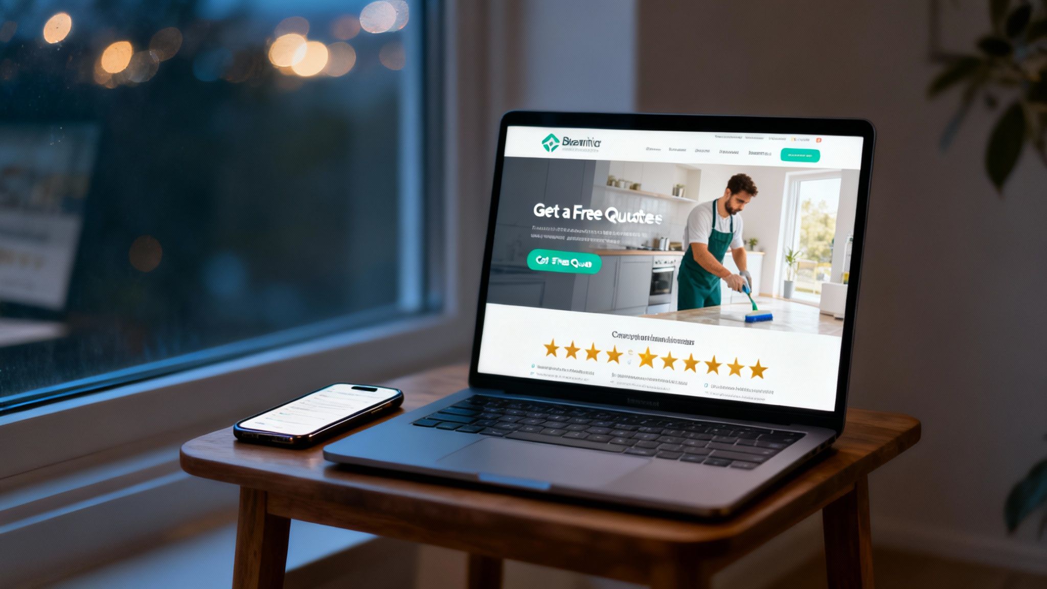 A cleaning professional smiling while mopping a bright, modern office space, representing a successful cleaning business.