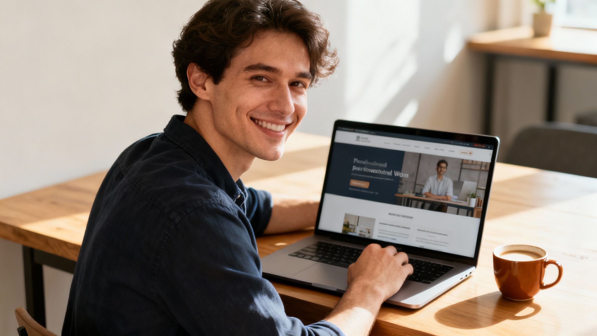Smiling young man working on a laptop at a wooden table, with a coffee cup nearby.