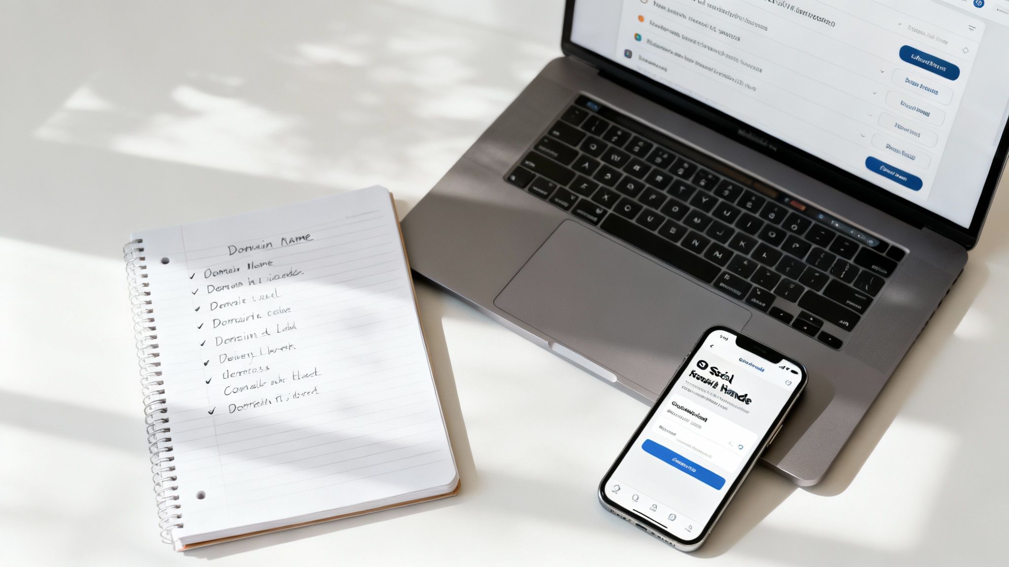 A top-down view of a bright workspace with a laptop, smartphone, and a notepad listing domain names.