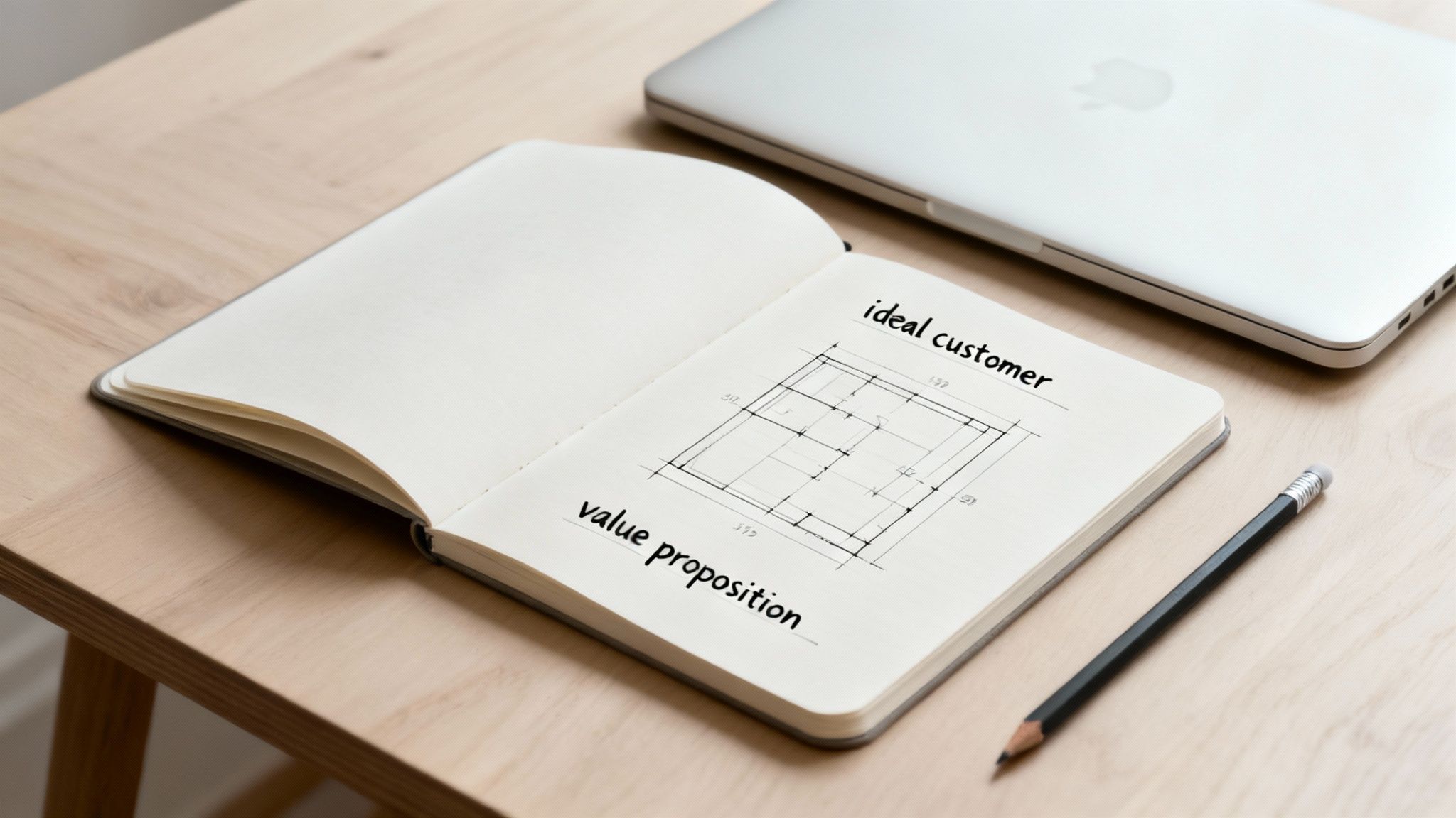 Open notebook displaying value proposition canvas diagram on wooden desk with laptop and pencil
