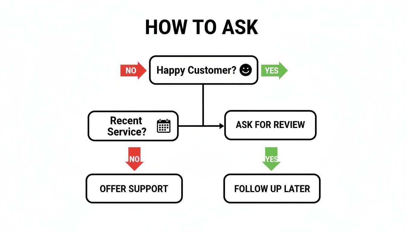 Flowchart illustrating the process of asking customers for reviews and offering support.