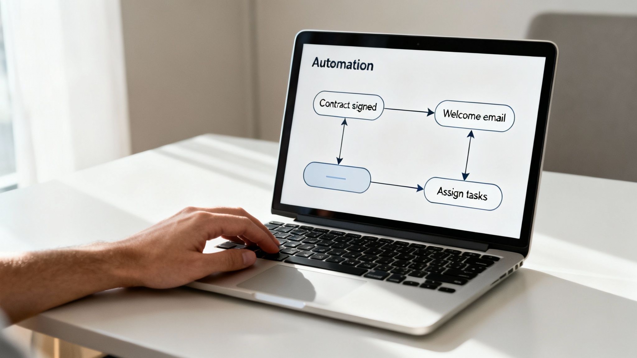 Person typing on a laptop displaying a business automation flowchart for client onboarding steps.