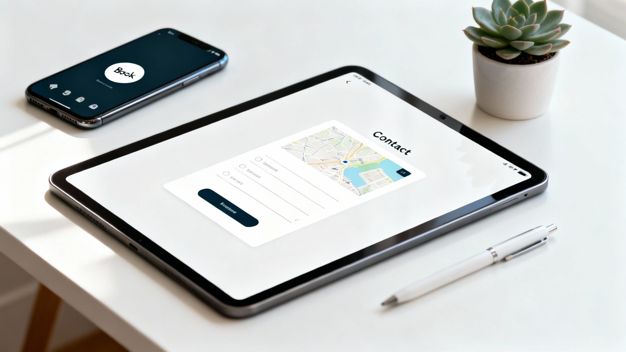 A clean workspace featuring a smartphone, tablet displaying a contact form, pen, and succulent.
