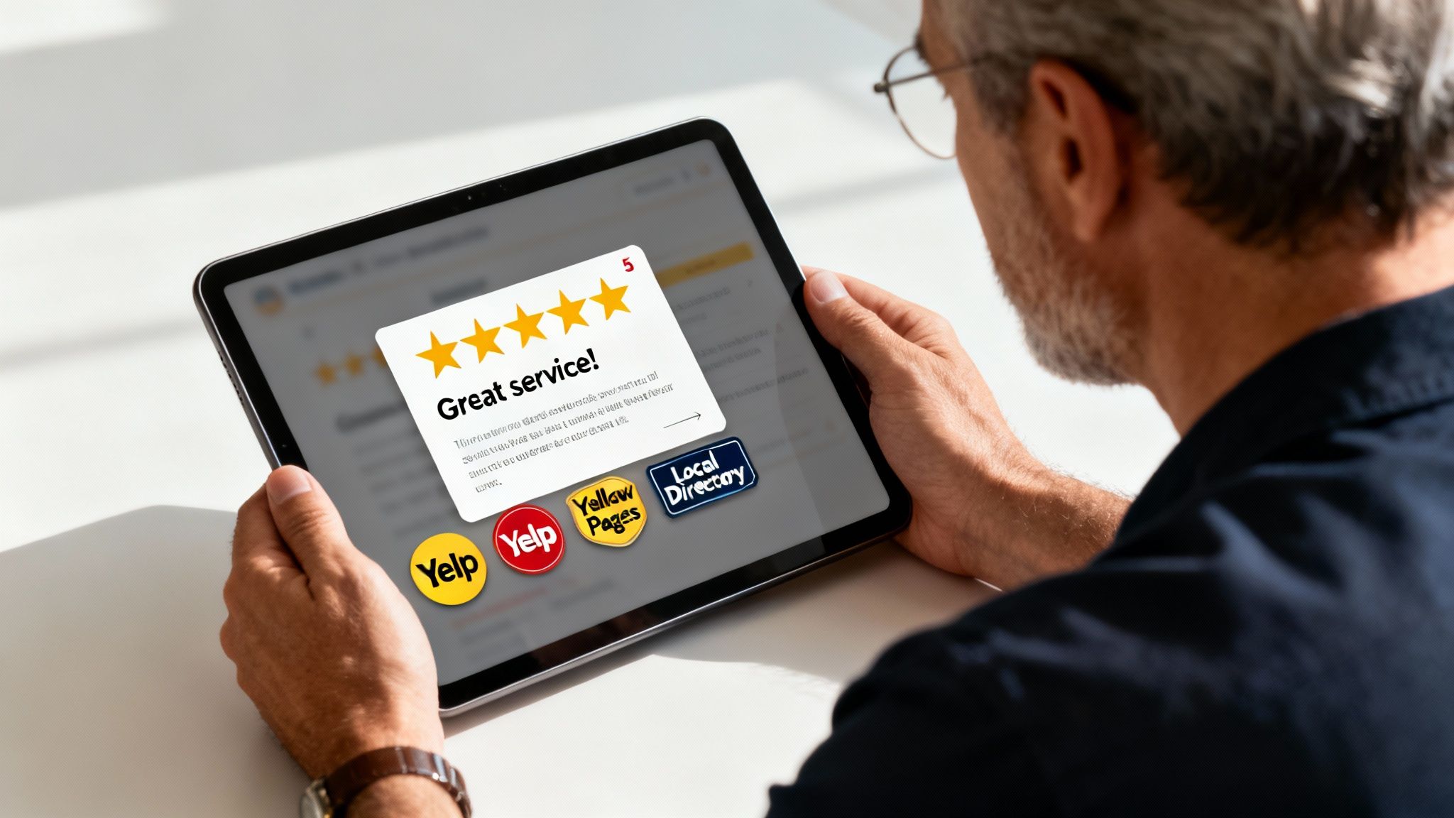 An individual holds a tablet displaying a positive 5-star customer review and local directory options.