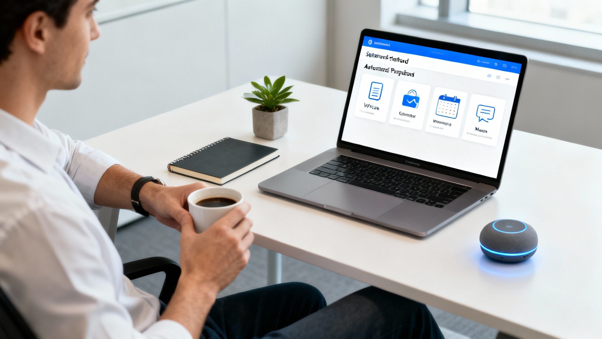 Man holding coffee, looking at a laptop showing a business automation dashboard, next to a smart speaker.