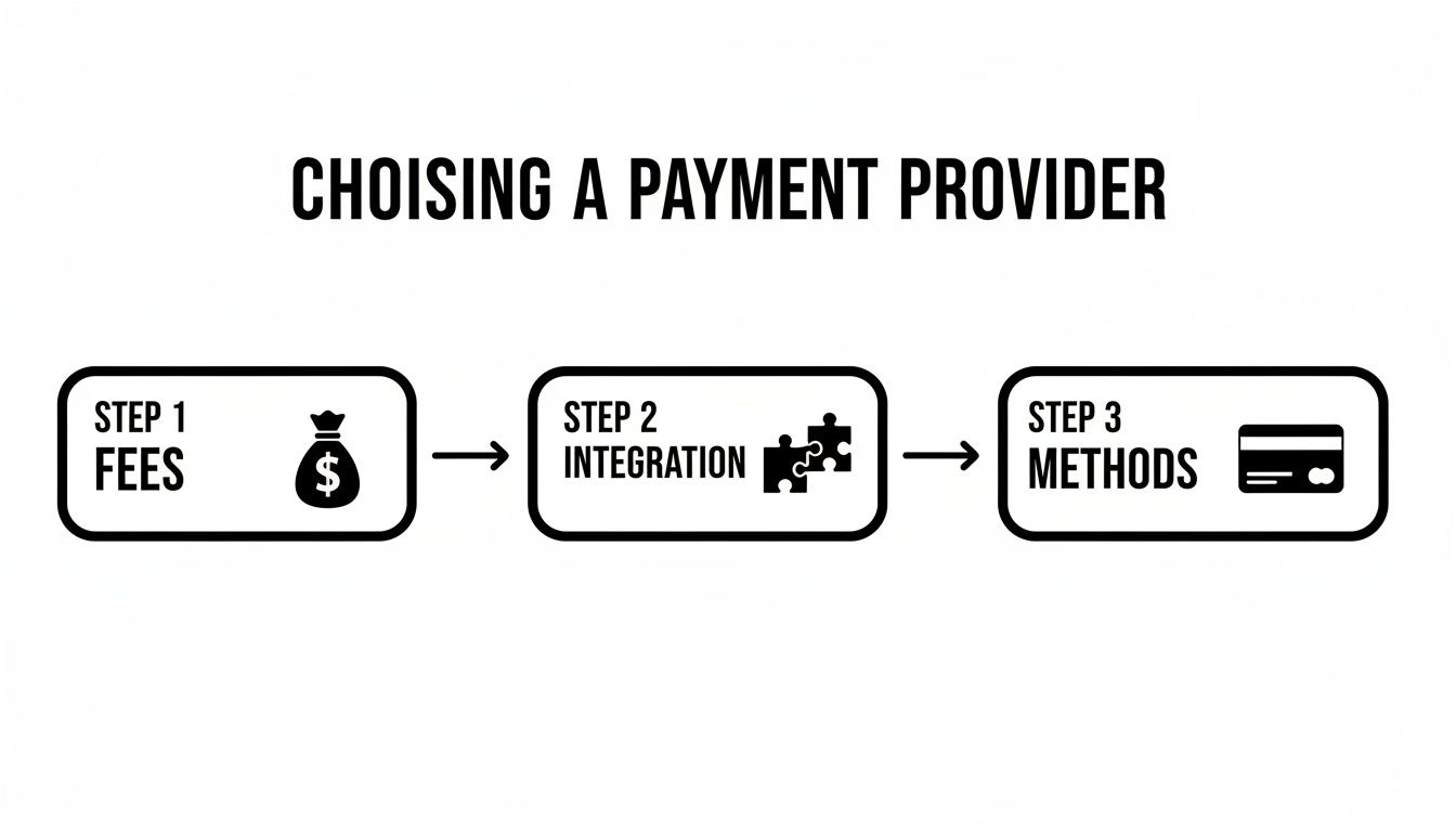 A flowchart outlining three steps for choosing a payment provider: fees, integration, and payment methods.
